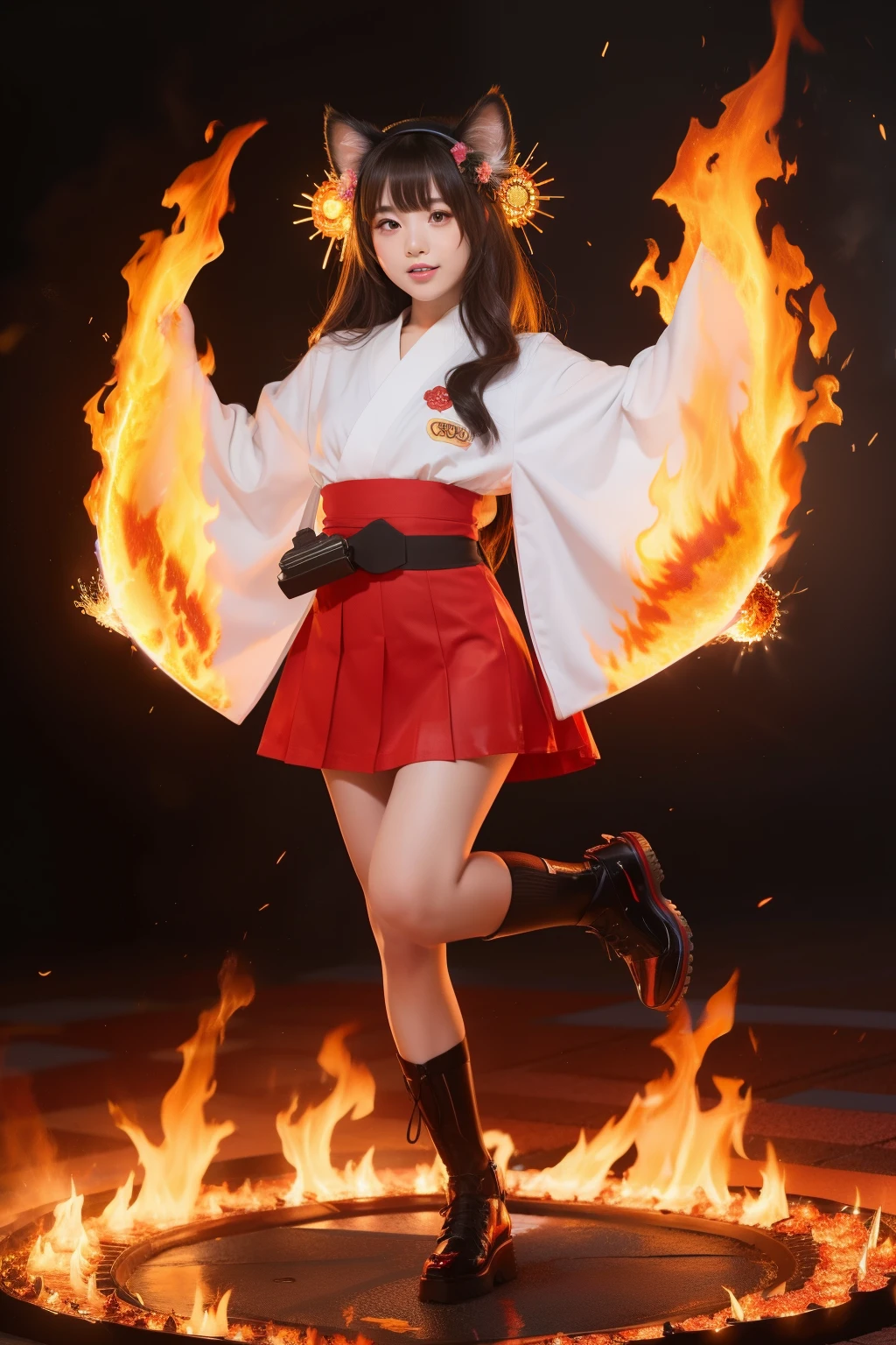 A female idol covered in fantastic flames、full body Esbian、、flame pattern miniskirt kimono、cat ear、flame wheel