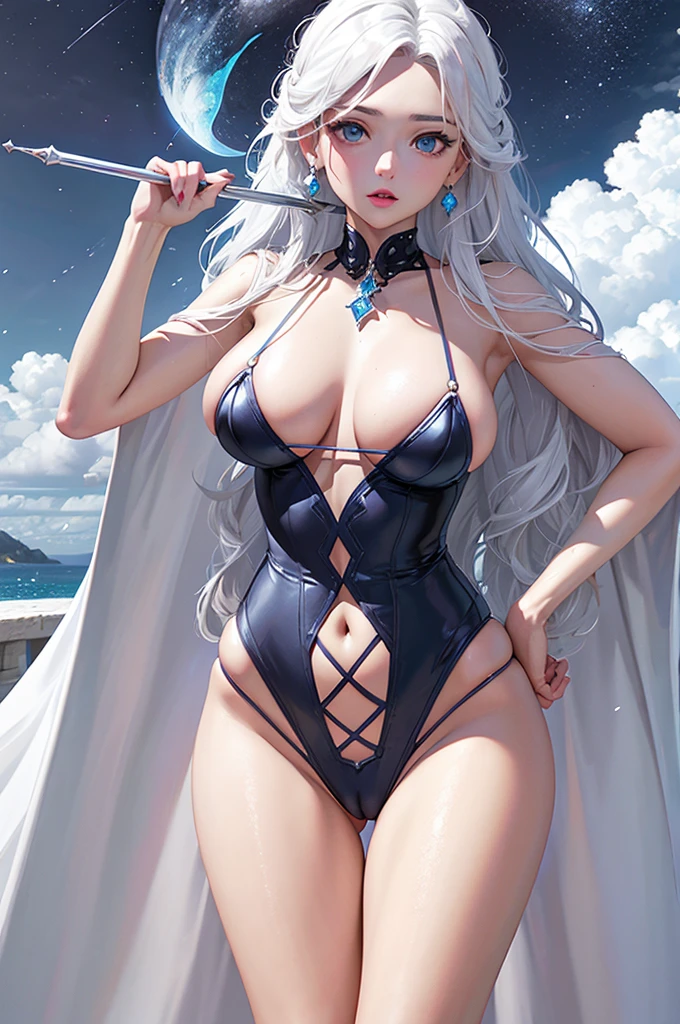 elsa cabello plateado largo, ojos azules, cuerpo completo, pechos gigantes, enormes, culo enorme, cuerpo perfecto, magia de nieve a su alrededor