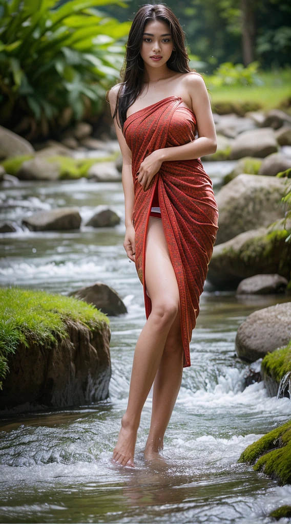 A Beautiful Girl, 1man, 18-20 years old, gorgeous face, Red mouth, (long-haired), ((Thai sarong, thin)), ((bathe)), ((enormous breasts, Beautiful breast, huge breast)), (ผอมthin, slim, flat stomach), (elongated legs, beautiful legs), (Wet body), waterfall, stream, river bank, natural