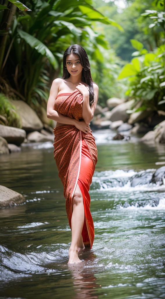 A Beautiful Girl, 1man, 18-20 years old, gorgeous face, Red mouth, (long-haired), ((Thai sarong, thin)), ((bathe)), ((enormous breasts, Beautiful breast, huge breast)), (ผอมthin, slim, flat stomach), (elongated legs, beautiful legs), (Wet body), waterfall, stream, river bank, natural