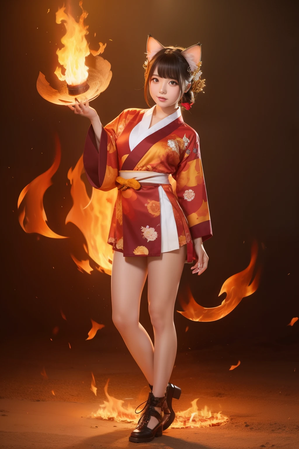 A female idol covered in fantastic flames、full body Esbian、、flame pattern miniskirt kimono、cat ear、flame wheel