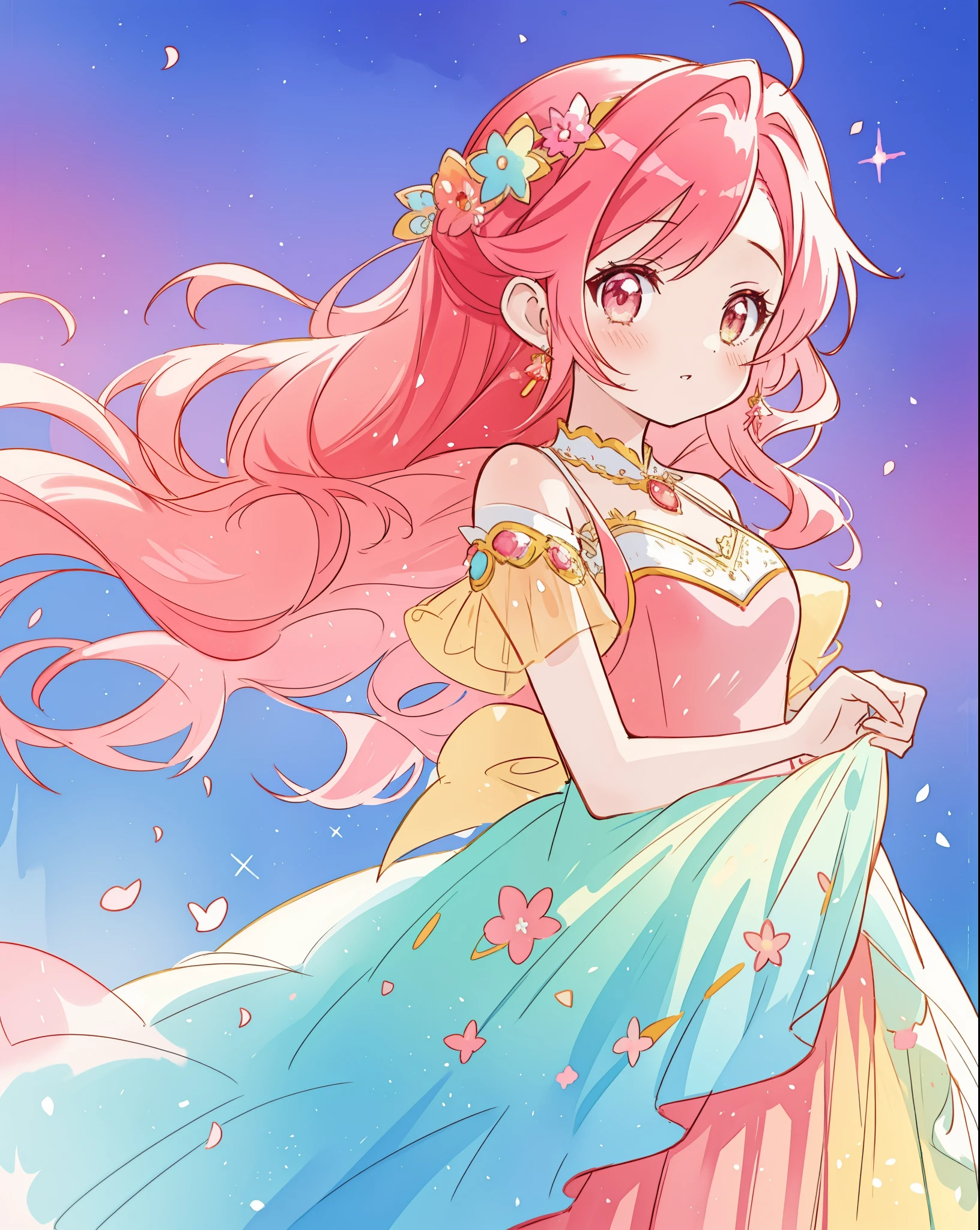 beautiful girl in colorful gradient flowing fantasy ballgown, long flowing red pink hair, colorful fantasia background, watercolor illustration, beautiful digital illustration, beautiful, masterpiece, best quality, beautiful face