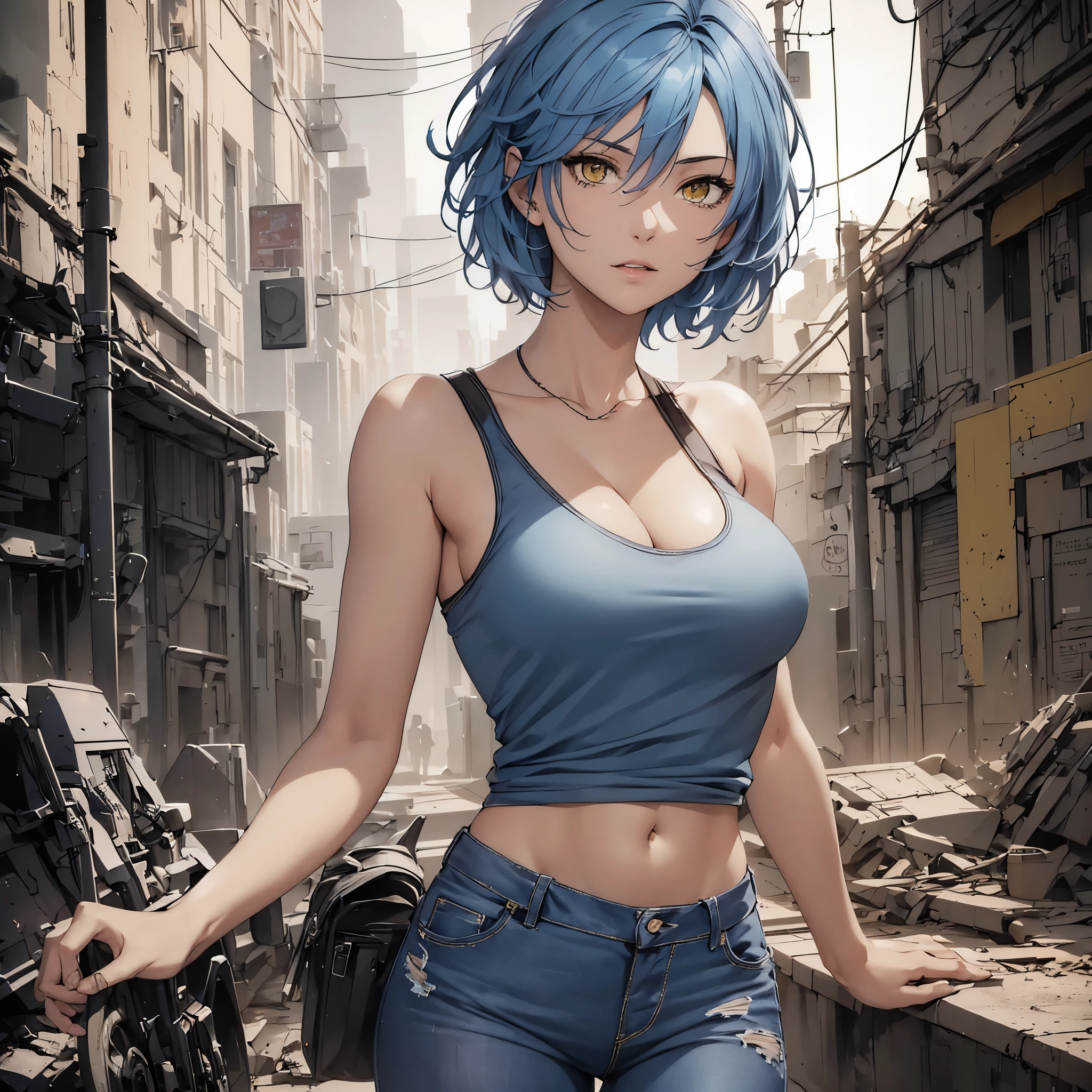 1female, solo, blue short hair, yellow eyes, wearing white tank top, jeans, sexy, ray tracing, amazing body, beautiful, model, 4k, official art, highly detailed, masterpiece