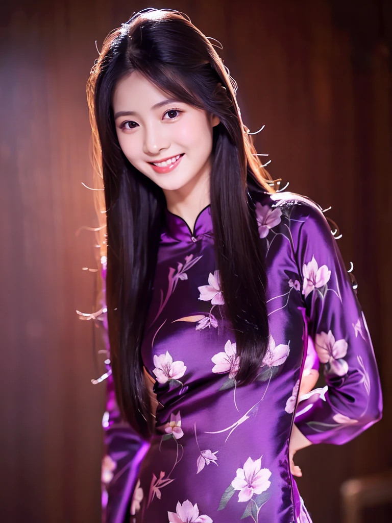 dark purple silk floral design aodai, Vietnamese girl, smile , long silky hair, Realistic lighting, delicate face, Body perfect anatomy,Top Quality, 8K Resolution , full body , realistic , real human , High quality, realistic , Cinematic, Aesthetic, beautiful girl,