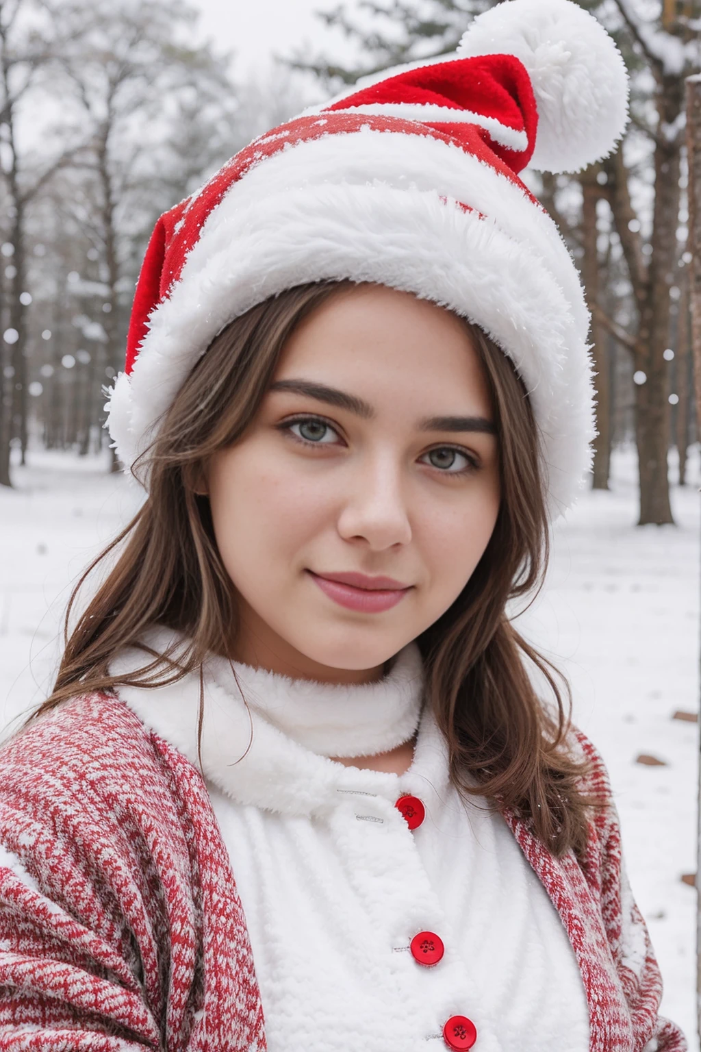 1girl , solo, big breasts, facing viewer, she is looking away from view, blonde hair, brown eyes, jewelry, full body, lips, realistic, nose, flirting with camera, sexy, realistic, high detail, 4k photo, high detail,, sexy perfect anatomy, perfect symmetry, soft lights, outside, wintery scene, cold, snow,, high details, photo quality, super real, winter outfit, warm hat on, half smile, smirk, red santa outfit, christmas, holiday