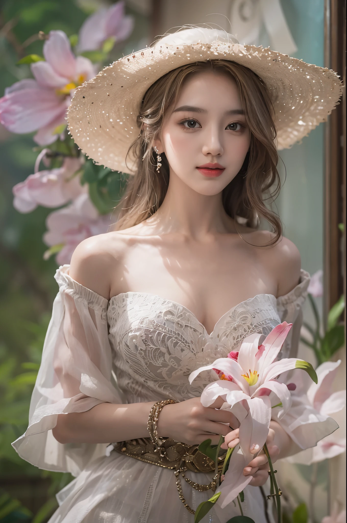 Sweet girl clothes4,strapless dress,jewelry, ((cowboy shot)), Redlip, A mature woman, cosmetics, フォトリアリスティック、real photograph、((realistically:1.5))、There are white phalaenopsis around the hair，Lilac dendrobium、white lilies、1 rapariga、Brown hair、floated hair、A plump chest, slim toned body, Charming legs, Hefty Smile, Strike elegant poses, Have extremely beautiful facial features、Hairpin on the head、perfect hand、(natta、themoon、precipice)、 vectorial art、Chinese contemporary art、gentlesoftlighting、looking-down