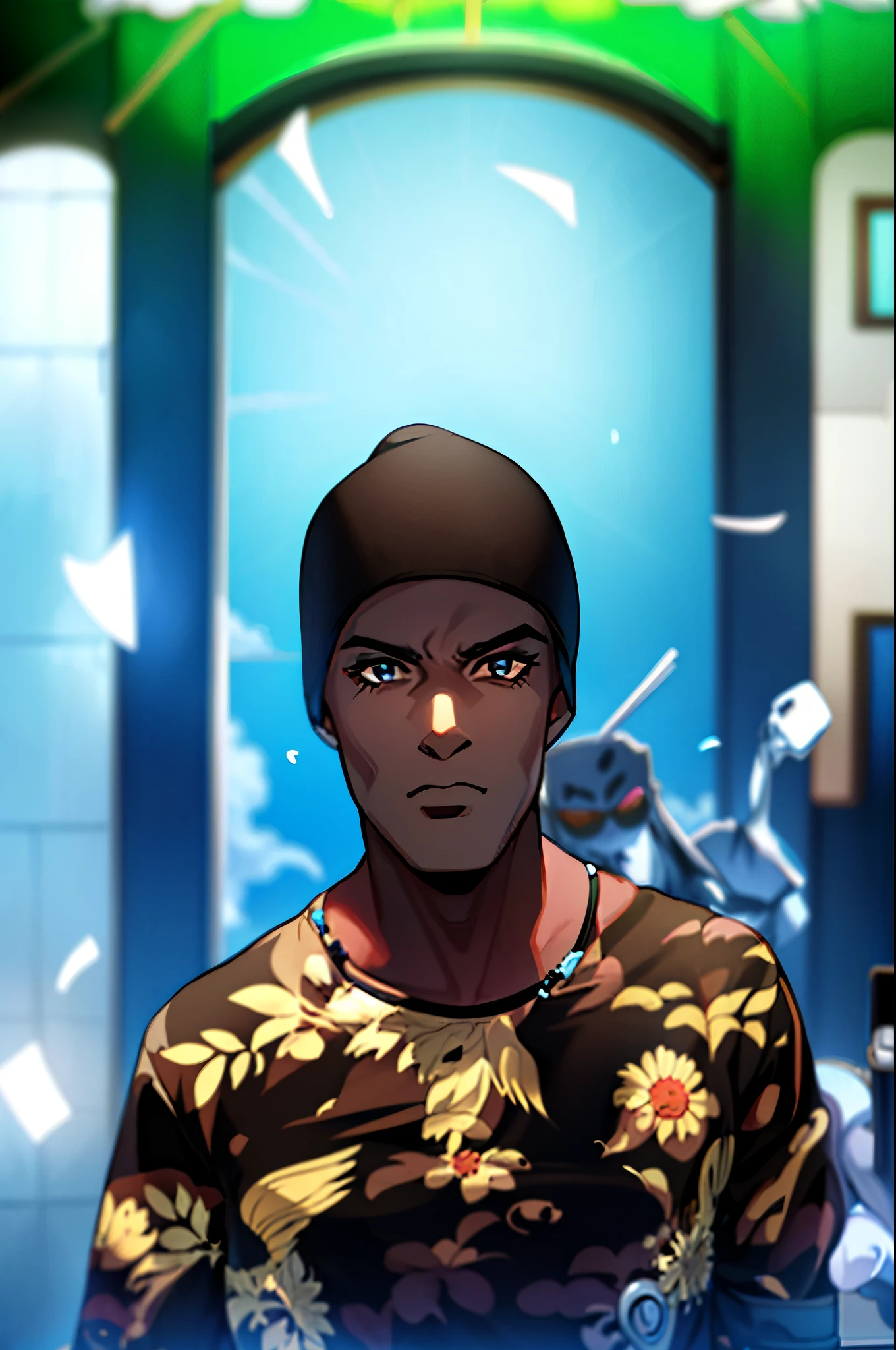Man in black hat and black shirt, em torno de 1 9 anos, com rosto preciso, anime style, jojo,