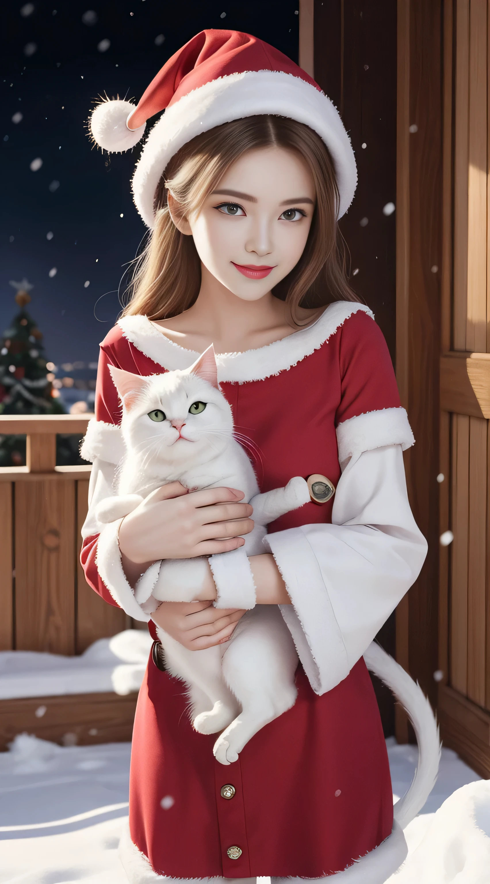 (Aesthetic, A high resolution: 1.2), Full body portrait of a beautiful 20 year old woman，Wearing an exquisite red Obi Santa Claus costume, Symmetrical garment construction, Bright and clear eyes, Happy smile, change your hairstyle, Falling snow, snow on hair. Profesional photogarpher, maximalist, concept-art, Complicated details, 8K post-production, k hd, hyper-detailing, Hot topics on artstation, Focus sharp, art dark studio photo, 细节 Complicated details, The content is very detailed, author：Greg Rutkoski, Professional light and dark art, vibrant with colors. Outdoor winter scene with snow at night, A slight smil, Real art, Many hairstyles and color variations, enthusiastic mood, number of expressions,  s lips, moist s lipss, eyes full, apparent,  posture. 3D vector art、caliber cat、Cat in Santa Claus hat、cat with bell collar、cute christmas gift, cat hair、Surreal quality, Cute and quirky, Fantasyart, Branded watercolor effect, girl hugging a cat.