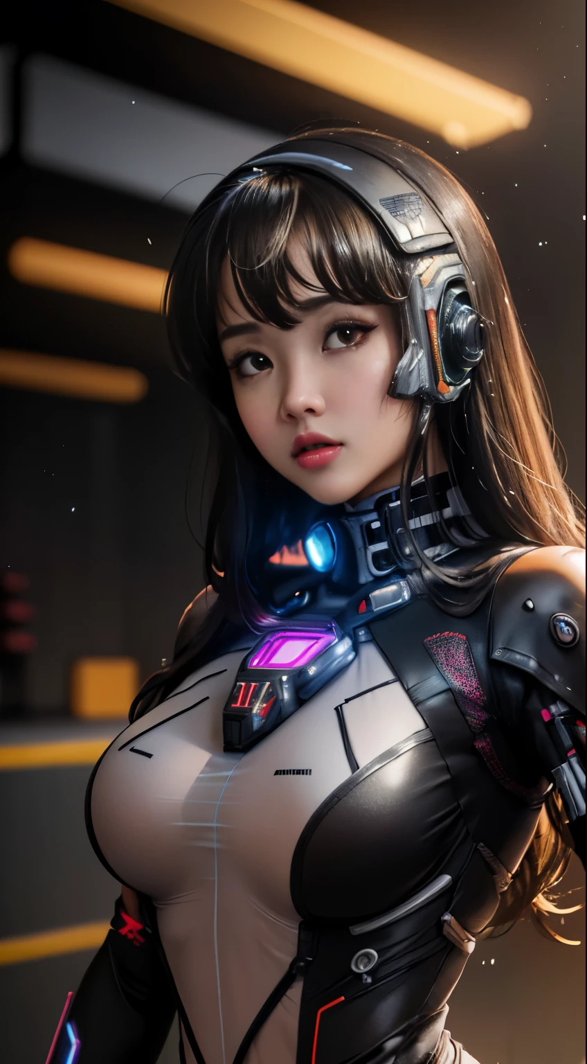 Top Quality, Masterpiece, Ultra High Resolution, (Photorealistic: 1.4), Raw Photo, 1 Girl, Black Hair, Glossy Skin, 1 Mechanical Girl, (Ultra Realistic Detail)), Portrait, Global Illumination, Shadows, Octane Rendering, 8K, Ultra Sharp, Big, Cleavage Exposed Raw Skin, Metal, Intricate Ornament Details, Headset, Hydraulic cylinder, very intricate details, realistic light, CGSoation trend, purple eyes, glowing eyes, facing the camera, neon details, mechanical limbs, blood vessels connected to the tube, mechanical vertebrae attached to the back, mechanical cervical attachment to the neck, sitting, wires and cables connecting to the head, evangelion, cyberpunk, small LED lamp, Futuristic skyscrapers, flying cars, mechanical airships in the background