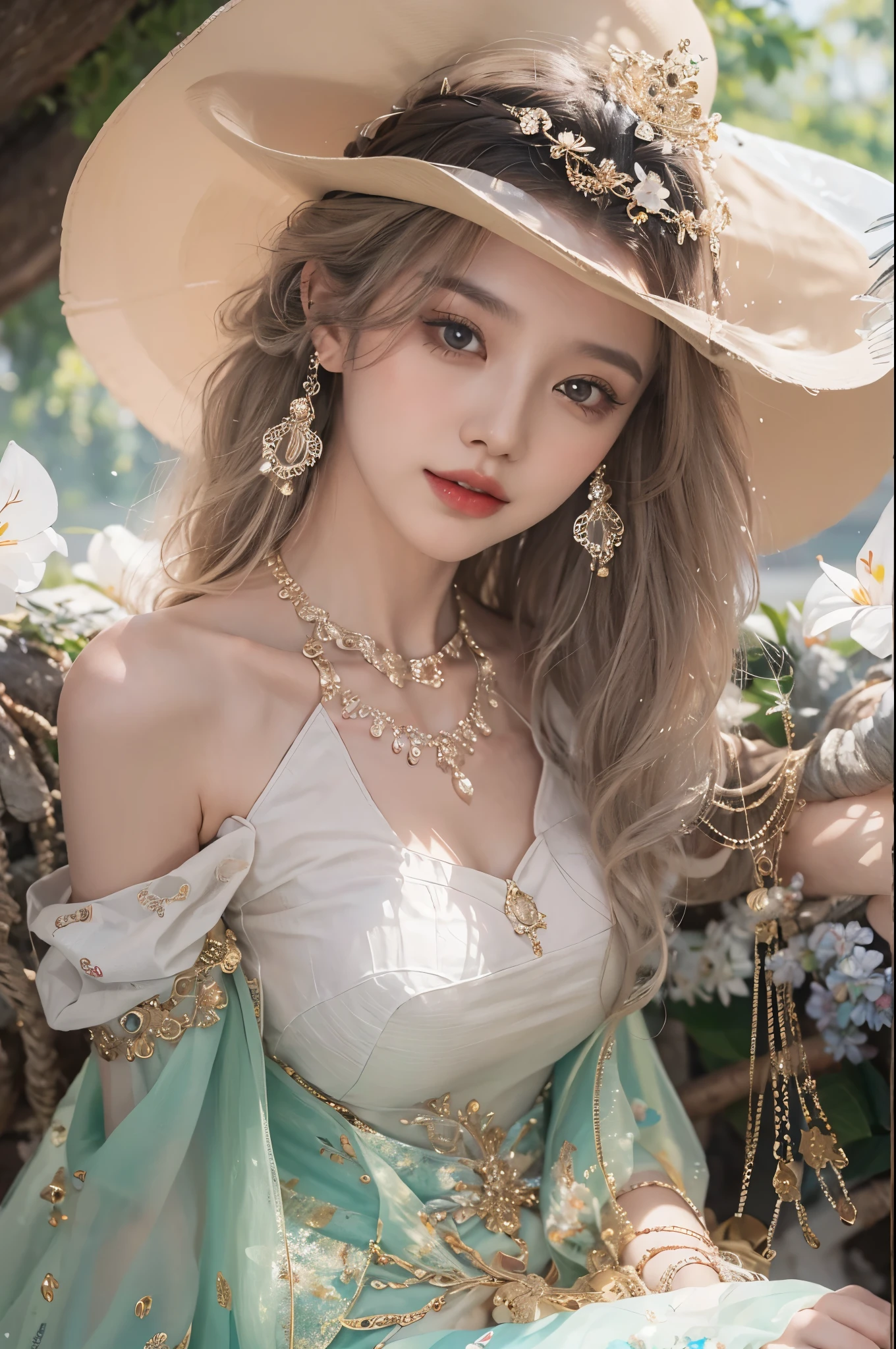 Sweet girl clothes4,strapless dress,jewelry, ((cowboy shot)), Redlip, A mature woman, cosmetics, フォトリアリスティック、real photograph、((realistically:1.5))、There are white phalaenopsis around the hair,Lilac dendrobium、white lilies、1 rapariga、Brown hair、floated hair、A plump chest, slim toned body, Charming legs, Hefty Smile, Strike elegant poses, Have extremely beautiful facial features、Hairpin on the head、perfect hand、(natta、themoon、precipice)、 vectorial art、Chinese contemporary art、gentlesoftlighting、looking-down