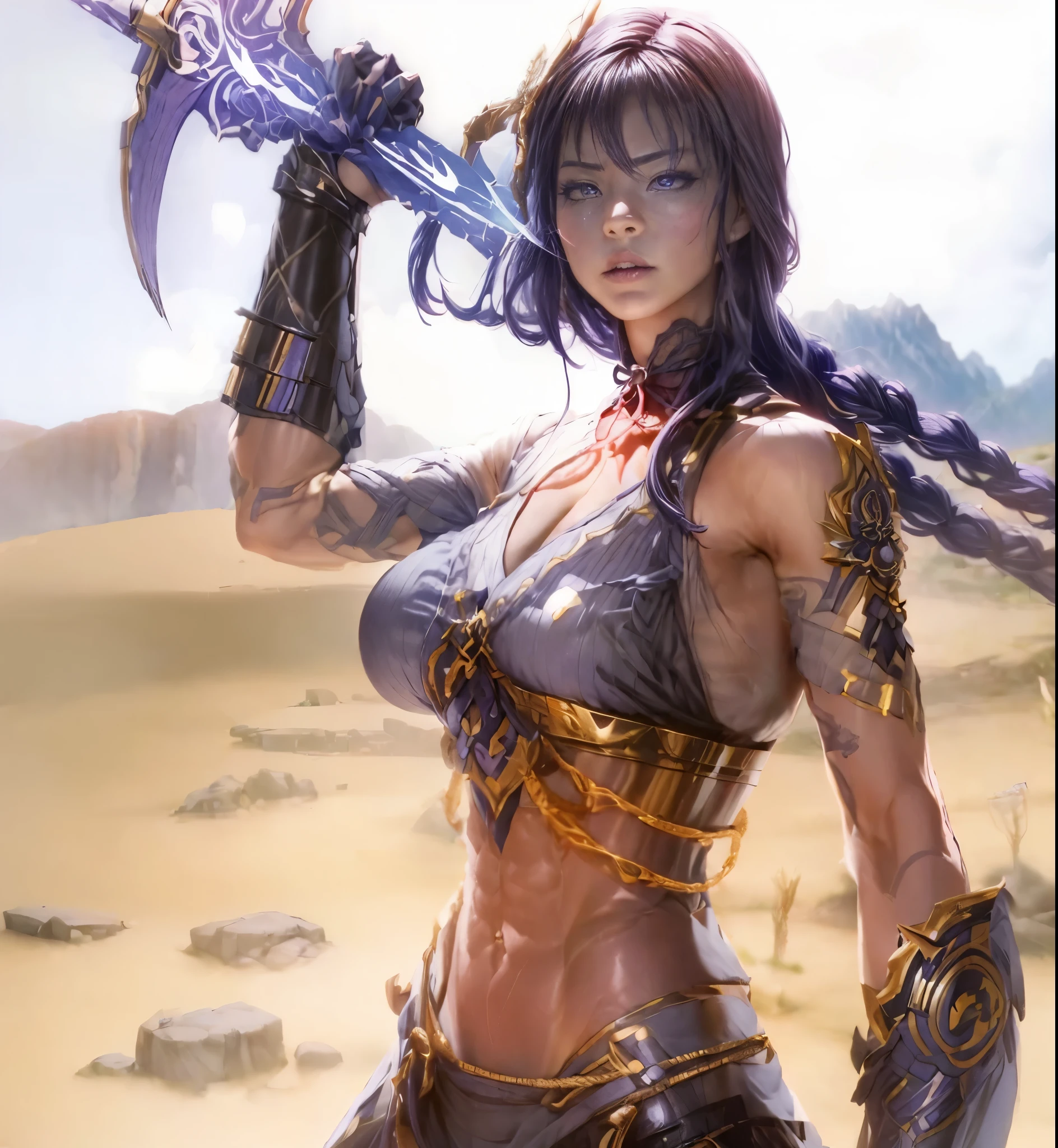 Raiden Shgun, Genshin，mulher musculosa, valkyrie，Senhora Cavaleiro，Anatomia correta，epic fantasy digital art，tmasterpiece，8k，Realistic colorful body with high definition resolution, Qulidade Superior，, Epic composition,