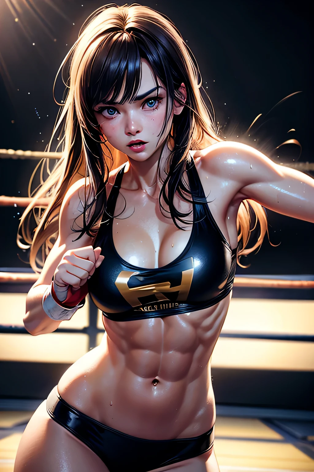 (original) , (very detailed wallpaper) , (best quality) , (masterpiece) , photographic reality, realistic, very detailed illustrations, (1 girl) , beautiful eyes, (delicate face) , perfect detail, (best lighting) , (super complex detailoxing girl) , (aggressive punching) , sweat, heavy breathing, (oppressive attack) , (boxing ring) , two piece bikini, perfect detail, perfect fingers, perfect limbs, impact, (shiny skin) , abs, muscles, waistline,, fist fight, brunette, long hair, 
4K unified, (super detailed CG: 1.2) , (8K: 1.2) , realistic, octane rendering