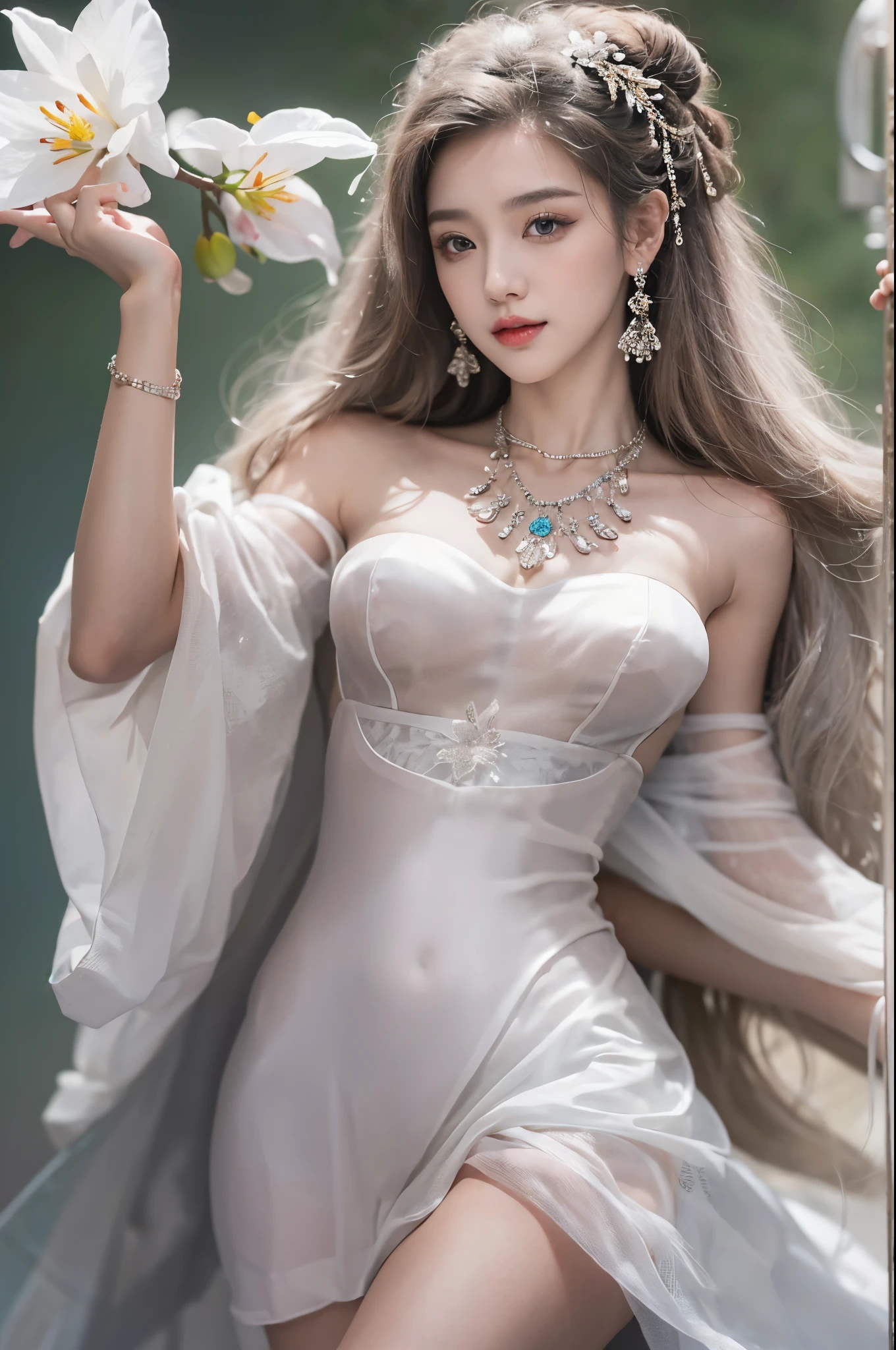 Sweet girl clothes4,strapless dress,jewelry, ((cowboy shot)), Redlip, A mature woman, cosmetics, フォトリアリスティック、real photograph、((realistically:1.5))、There are white phalaenopsis around the hair,Lilac dendrobium、white lilies、1 rapariga、Brown hair、floated hair、A plump chest, slim toned body, Charming legs, Hefty Smile, Strike elegant poses, Have extremely beautiful facial features、Hairpin on the head、perfect hand、(natta、themoon、precipice)、 vectorial art、Chinese contemporary art、gentlesoftlighting、looking-down