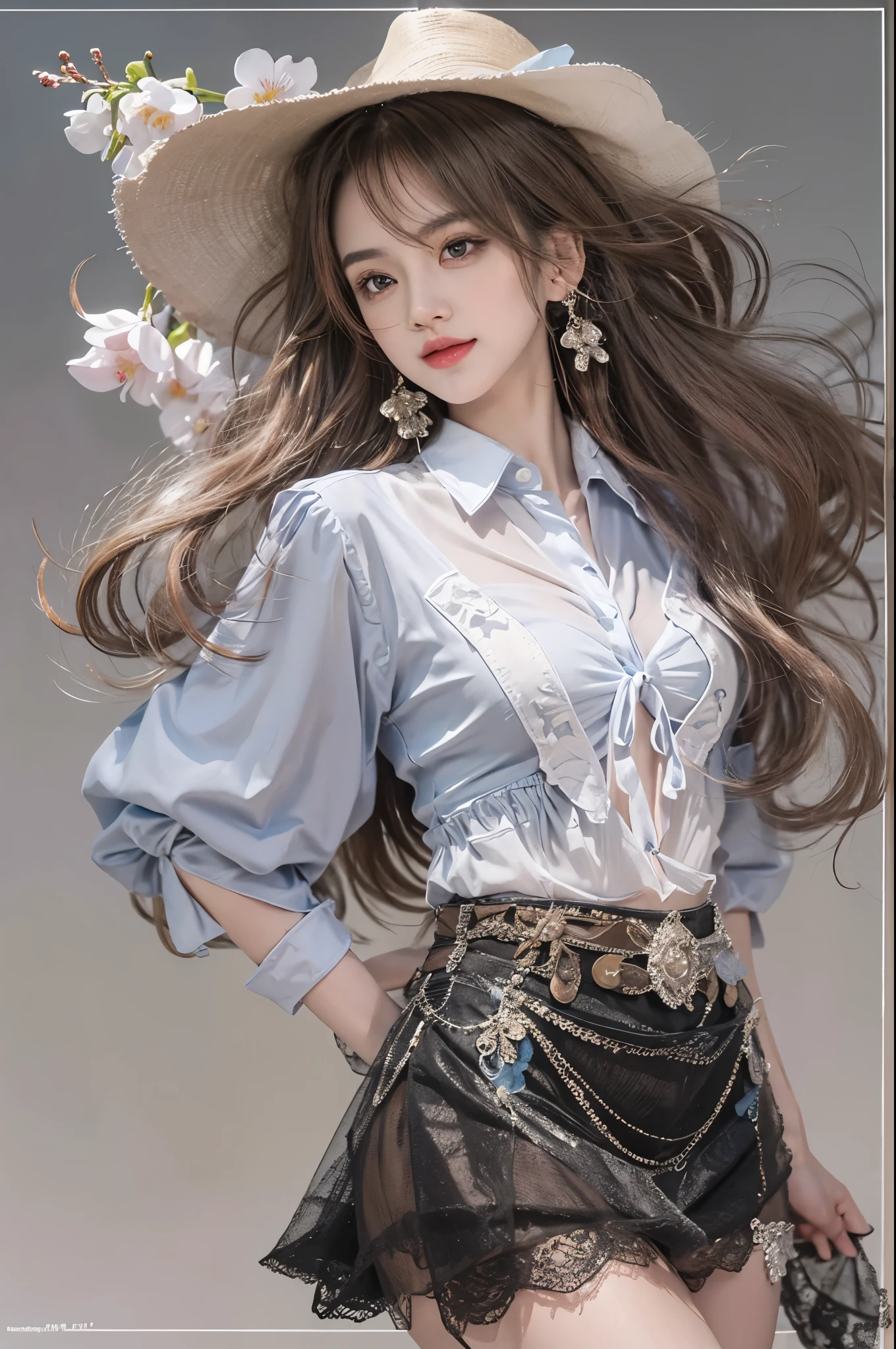 Special clothes44,lace trim,midriff,shirt,miniskirt, ((cowboy shot)), Redlip, A mature woman, cosmetics, フォトリアリスティック、real photograph、((realistically:1.5))、There are white phalaenopsis around the hair，Lilac dendrobium、white lilies、1 rapariga、Brown hair、floated hair、A plump chest, slim toned body, Charming legs, Hefty Smile, Strike elegant poses, Have extremely beautiful facial features、Hairpin on the head、perfect hand、(natta、themoon、precipice)、 vectorial art、Chinese contemporary art、gentlesoftlighting、looking-down