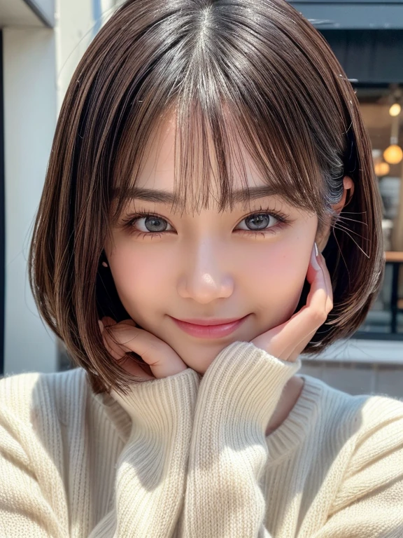 (8k, RAW photo, best quality, masterpiece, ultra detailed, insanely detailed, beautiful:1.2),(realistic, photo-realistic:1.5), sharp focus, SIGMA 85mm f/1.4., depth of field, blur background, bokeh, cinematic, soft light,
upper body shot, selfie, (extremely cute Japanese actress:1.2), 22 years old, (detailed pale skin, detailed face: 1.2), brown eyes, naughty smile, looking at viewer, short straight black hair, solid white sweater, random pose, detailed hands, ((cafe)), winter