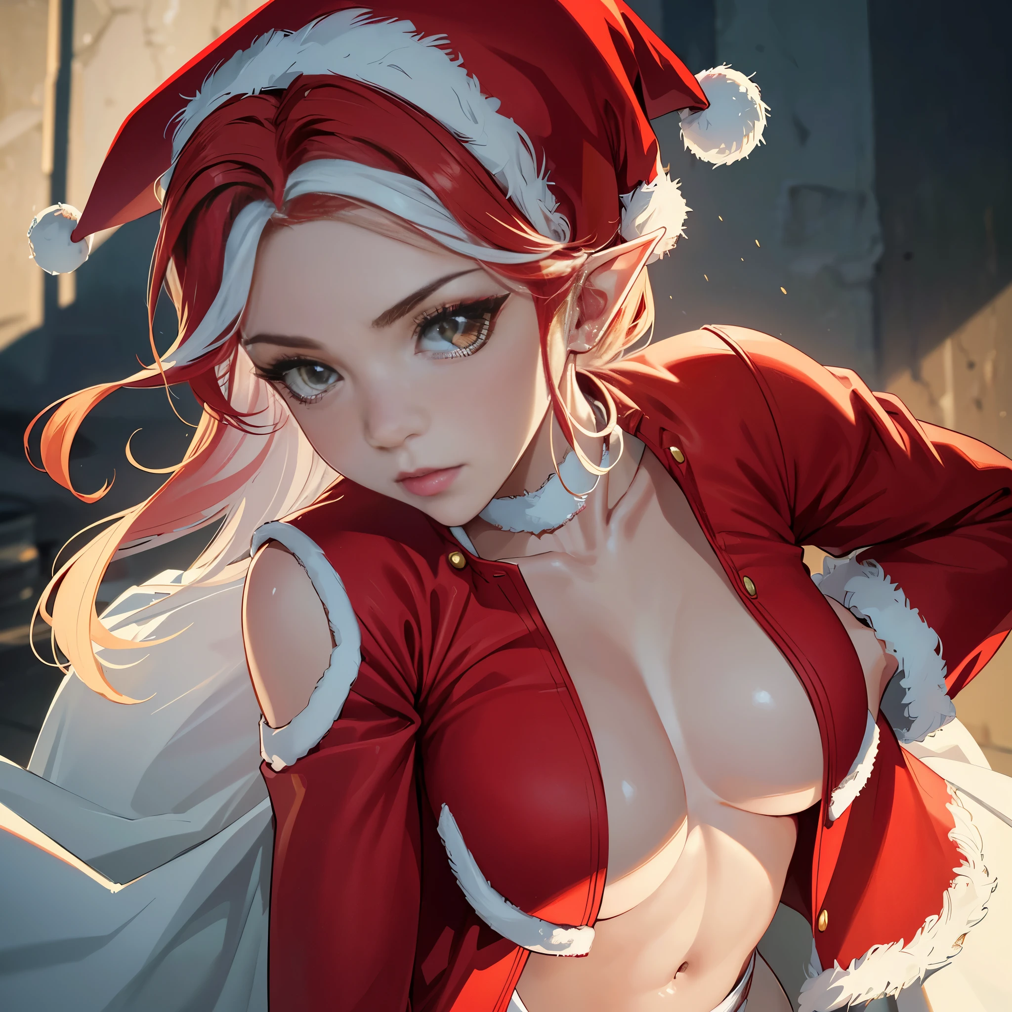 ((Quality: masterpiece, best quality, UHD, anatomically correct, photo realism, textured and detailed skin, skin pores, skin imperfections, textured and detailed hair, dramatic lighting, high contrasting light and shadows, complimentary colours, 1 solo woman)), inspired by a festive christmas at the north pole, elf woman with red hair wearing a santa hat and red clothes with white fur trim, colours: white, red, gold, green