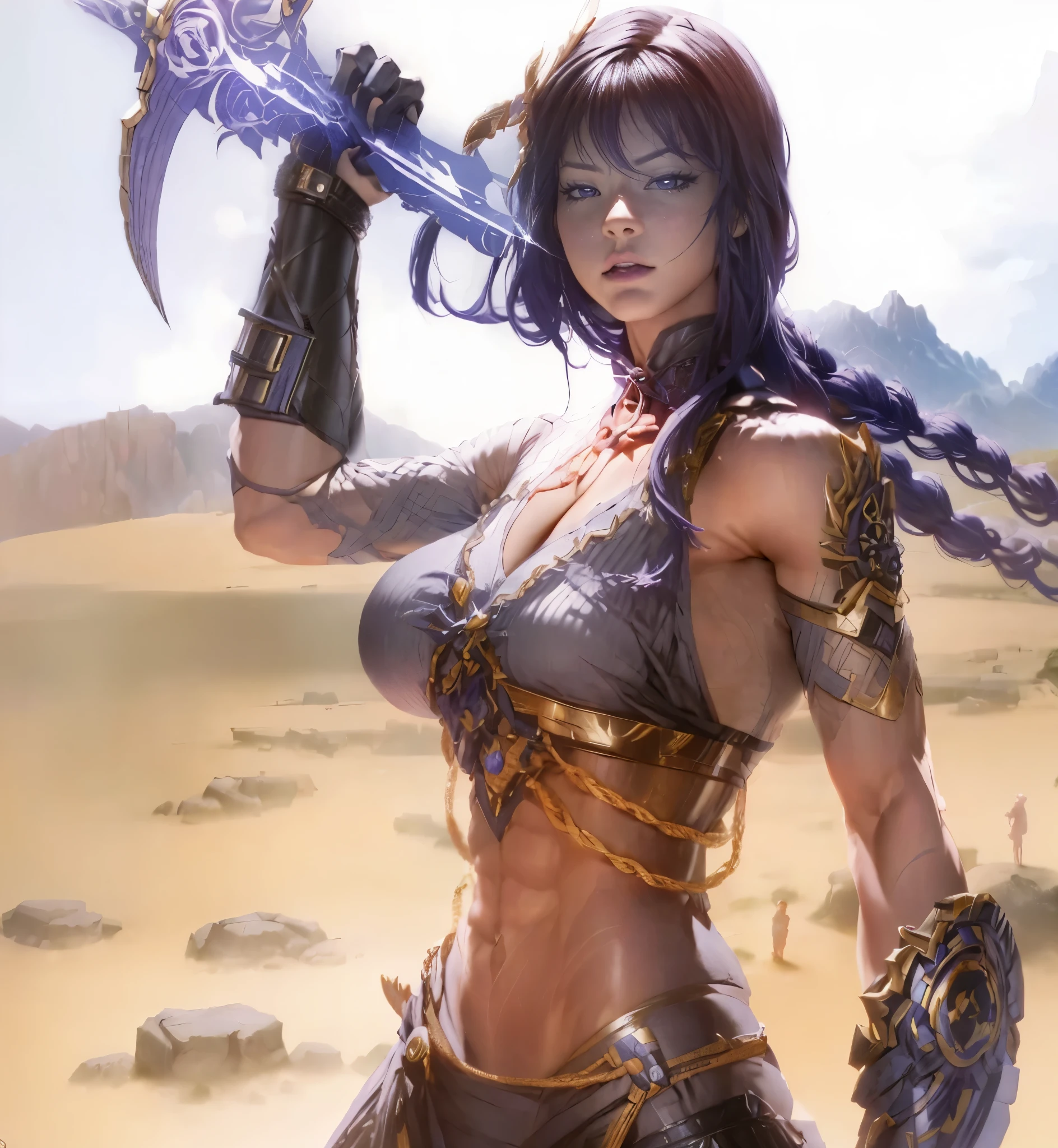 Raiden Shgun, Genshin，mulher musculosa, valkyrie，Senhora Cavaleiro，Anatomia correta，epic fantasy digital art，tmasterpiece，8k，Realistic colorful body with high definition resolution, Qulidade Superior，, Epic composition,