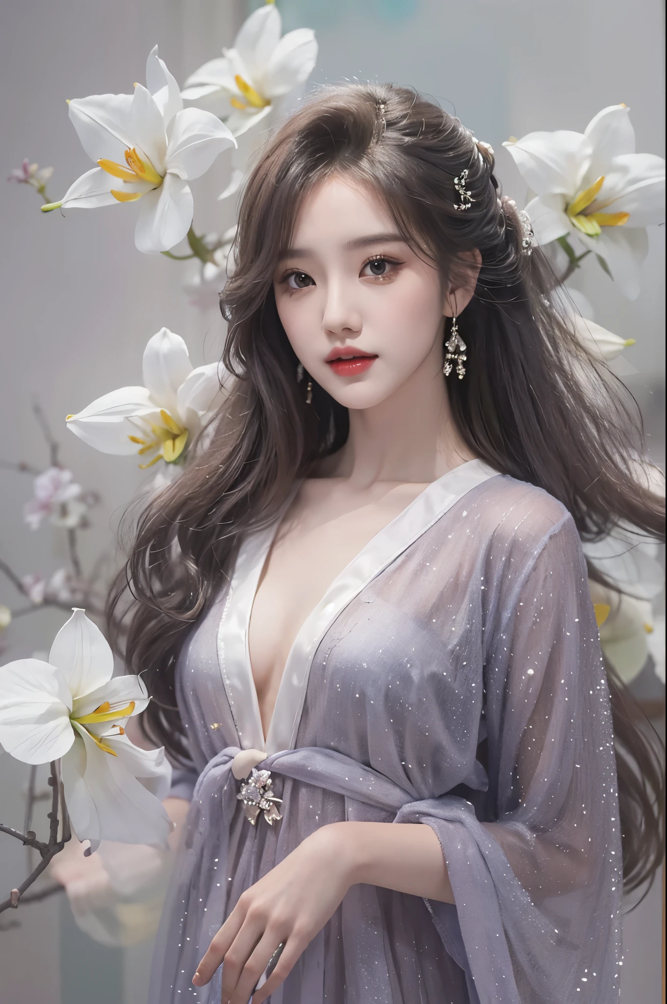 Special clothes47,jewelry,dress, ((cowboy shot)), Redlip, A mature woman, cosmetics, フォトリアリスティック、real photograph、((realistically:1.5))、There are white phalaenopsis around the hair,Lilac dendrobium、white lilies、1 rapariga、Brown hair、floated hair、A plump chest, slim toned body, Charming legs, Hefty Smile, Strike elegant poses, Have extremely beautiful facial features、Hairpin on the head、perfect hand、(natta、themoon、precipice)、 vectorial art、Chinese contemporary art、gentlesoftlighting、looking-down