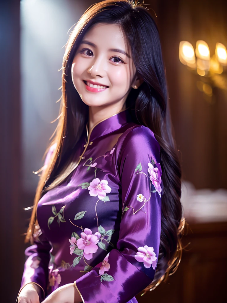 dark purple silk floral design aodai, Vietnamese girl, smile , long silky hair, Realistic lighting, delicate face, Body perfect anatomy,Top Quality, 8K Resolution , full body , realistic , real human , High quality, realistic , Cinematic, Aesthetic, beautiful girl,