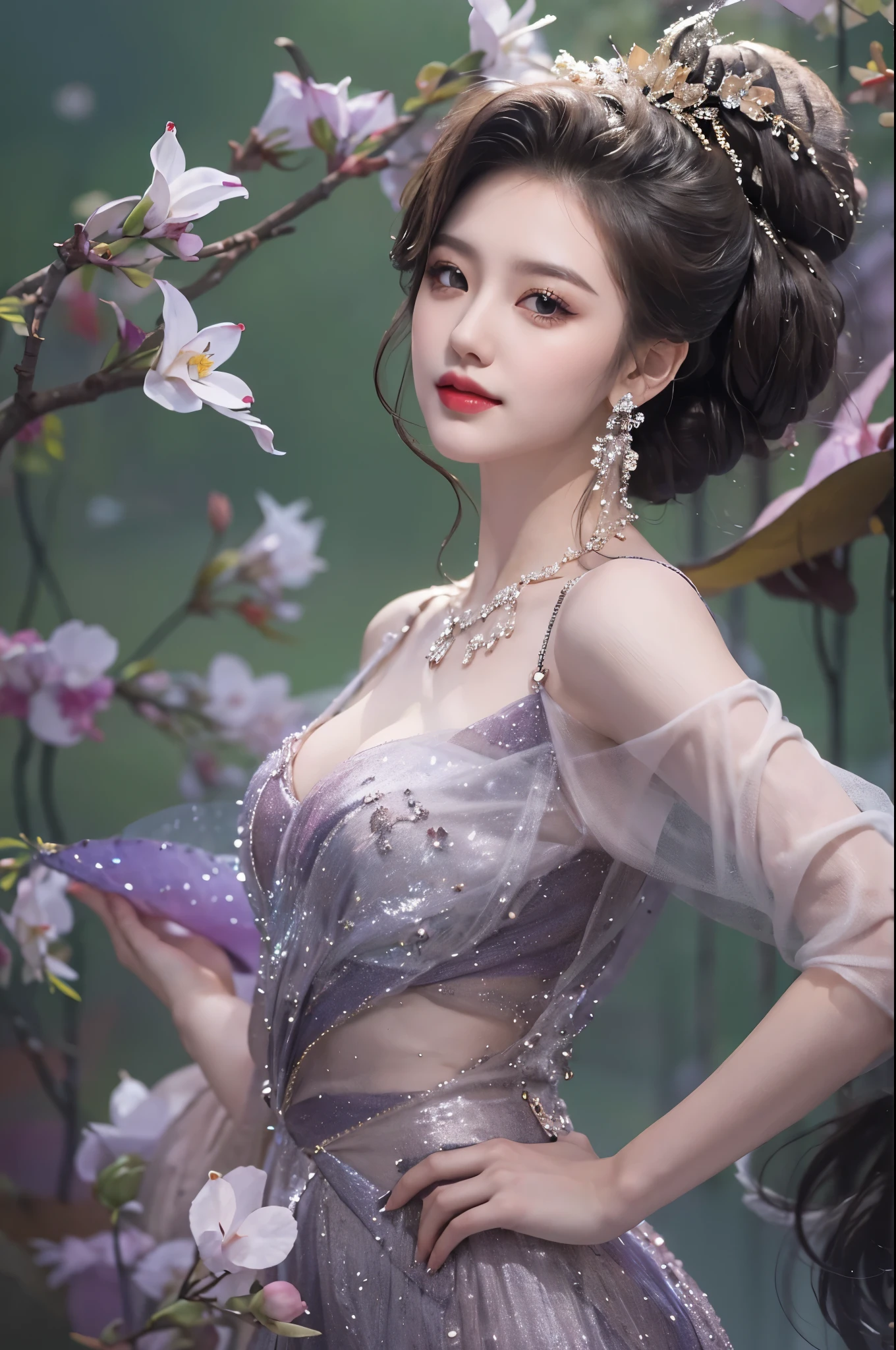 Special clothes47,jewelry,dress, ((cowboy shot)), Redlip, A mature woman, cosmetics, フォトリアリスティック、real photograph、((realistically:1.5))、There are white phalaenopsis around the hair，Lilac dendrobium、white lilies、1 rapariga、Brown hair、floated hair、A plump chest, slim toned body, Charming legs, Hefty Smile, Strike elegant poses, Have extremely beautiful facial features、Hairpin on the head、perfect hand、(natta、themoon、precipice)、 vectorial art、Chinese contemporary art、gentlesoftlighting、looking-down