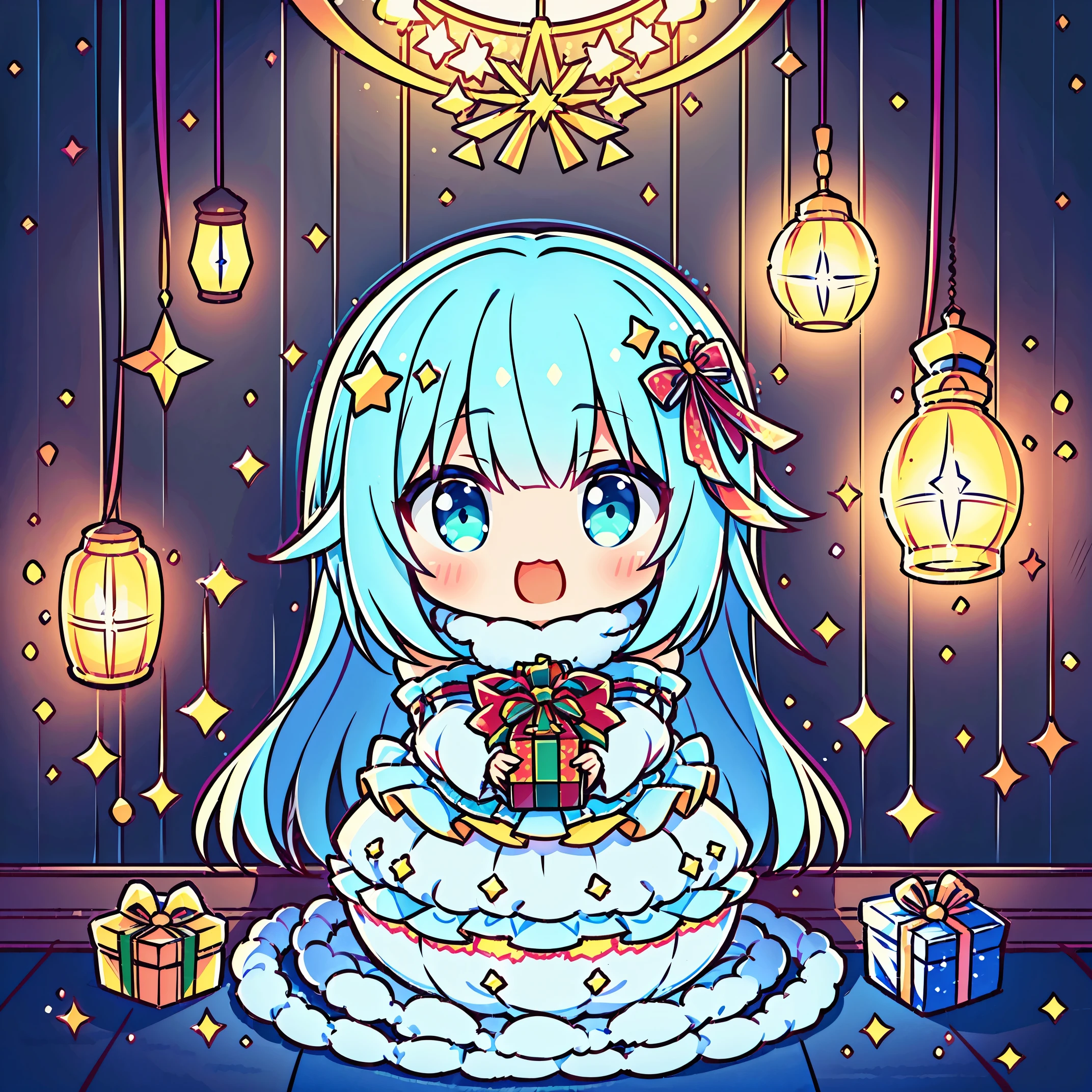 (top-quality、ultra-detailliert、逼真: 1.37)、There&#39;s a present in the room、［Christmas tree]、stacked gift boxes:1.5、Warm lighting、cosy atmosphere、attractive decoration、glowing lights、ornaments hanging from branches、soft glowing candle、joyful holiday spirit、winter fun、Comfortable and attractive seating area、festive colors and atmosphere、A beautifully wrapped gift waiting to be opened、lovingly decorated fireplace、Brightly lit windows showing the snowy landscape outside、Create magical holiday memories、Happy Christmas、