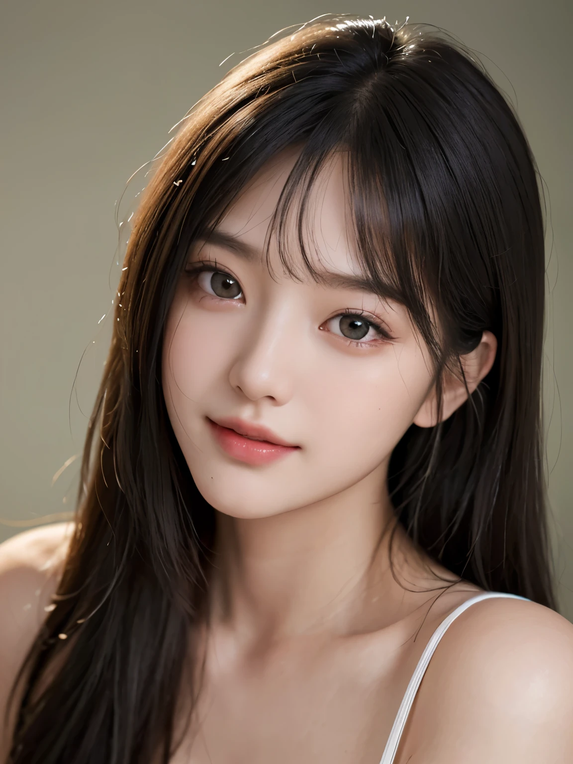 Masterpiece, highest quality, beauty, Japanese, popular Korean makeup, fine, detailed eyes, fine skin, beautiful skin, super high resolution, (reality 1.4), very beautiful, slightly young face, beautiful skin, slender, (super realistic) , (Illustration), (High resolution), (8K), (Very detailed) (Best illustration), (Beautiful and detailed eyes), (Super detailed), (Wallpaper), (Detailed face), Viewer's perspective, Fine detail, detailed face, pureerosfaceace_v1, smile, direct view, direct view, angle from the waist up, realistic photo, bright lighting, professional lighting, black hair (some green), long hair, dark ruins, big red moon, gorgeous red and black dress, woman, stylish long bangs,