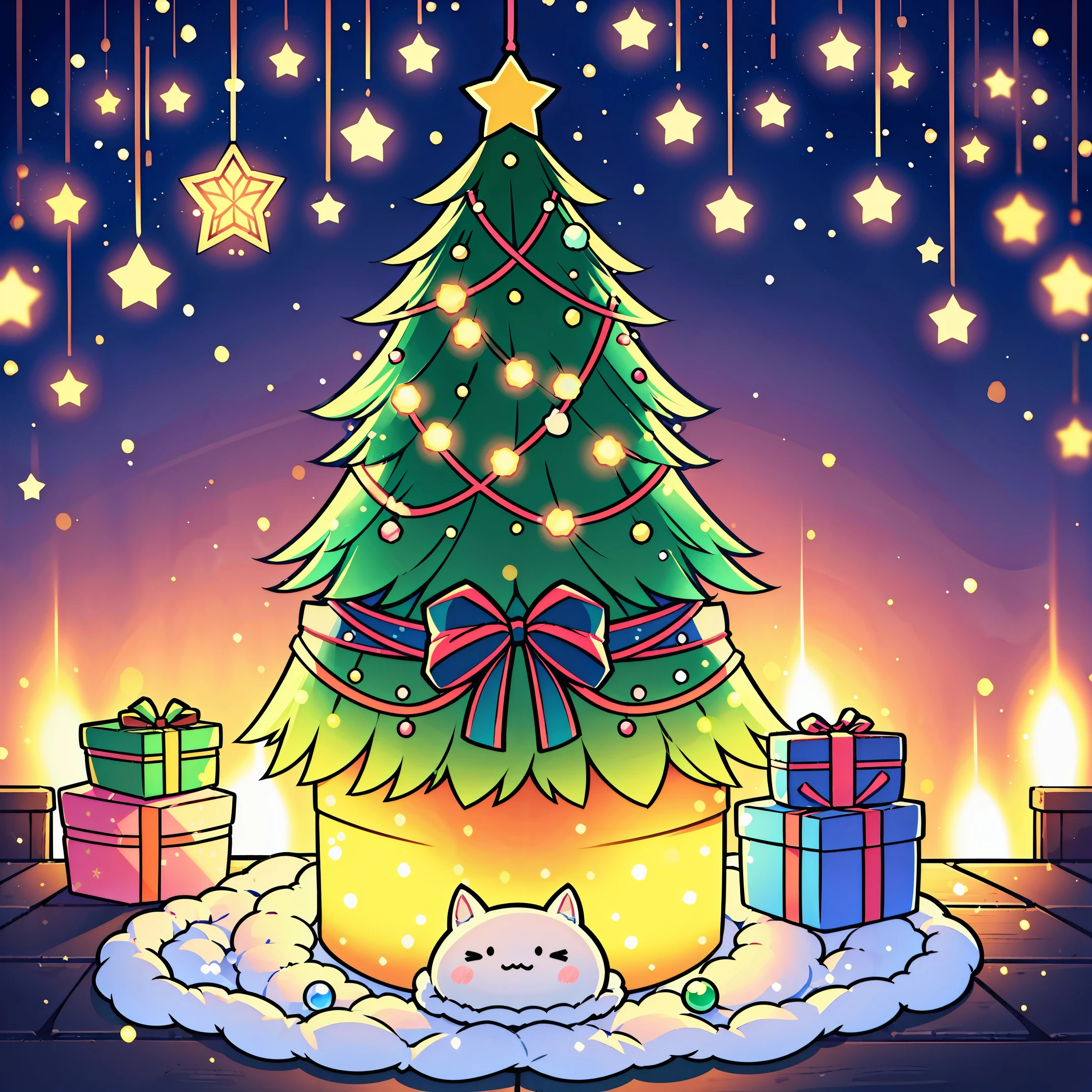 (top-quality、ultra-detailliert、逼真: 1.37)、There&#39;s a present in the room、［Christmas tree]、stacked gift boxes:1.5、Warm lighting、cosy atmosphere、attractive decoration、glowing lights、ornaments hanging from branches、soft glowing candle、joyful holiday spirit、winter fun、Comfortable and attractive seating area、festive colors and atmosphere、A beautifully wrapped gift waiting to be opened、lovingly decorated fireplace、Brightly lit windows showing the snowy landscape outside、Create magical holiday memories、Happy Christmas、