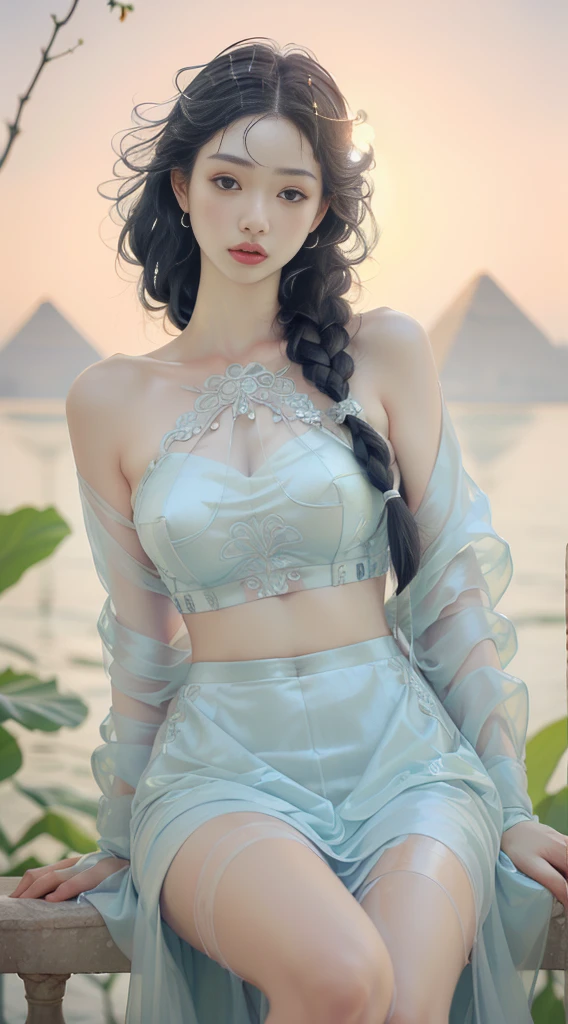 girl from ancient Egypt,1girl,

(large breasts:1.4),((((long twin braids,tight braids,long braid,braided hair,long hime cut,dark hair,black hair,colored inner hair)))),(((purple_eyes:1.3))),intricate eyes,beautiful detailed eyes,symmetrical eyes,((((lustrous skin:1.5,tanned skin,bright skin: 1.5,skin tanned,shiny skin,very shiny skin,shiny body,Reflective skin)))),(spider lower abdomen,narrow waist,wide hip,athletic body,inflated legs,delicate detailed fingers,(detailed face)),beautiful detailed lips,

cute,slutty,,seductive look,seductive,((erotic)),opulent,sumptuous,((nsfw)),

zettai ryouiki,revealing clothing,show skin,cleavage,((underboob)),(((barefoot))),((harem bikini, harem beauty, beautiful alluring, beautiful genie girl)),((intricate harem outfit)),harem accessories,(harem jewelry in her arms),earrings,(((eyeshadow,egyptian makeup,eyelid makeup))),(((blue clothes,Transparent cloth:1.1,wet clothes,intricate outfit,embroidered outfit,ornate outfit,intricate cloth,embroidered cloth,ornate cloth))),

(flirtatious pose:1.3), looking at viewer,embarrassed,centered,scale to fit dimensions,Rule of thirds,

outdoors,(egyptian palace,egyptian palace background,pyramids in the background),scenery,(oasis,oasis background),extremely scenery,(puddles everywhere,moss,moss on the background),clouds,Egypt style,Egypt castle,lily pads,palms,reeds,(sunset, golden hour),

(Glossy Egyptian ornaments),(top-quality,8K,32K,masterpiece),high resolution,(Photorealistic:1.4),Ray tracing,Sun glare,depth of fields,By backlight effect,Add depth to your screen,(((vibrant colors,vibrant theme))),(intricate),(high contrast,photorealistic artwork:1.37),(best quality,4k,highres,masterpiece:1.2),ultra-detailed,(realistic,photorealistic,photo-realistic:1.37),professional,