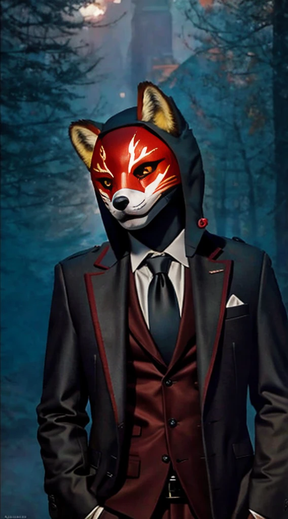 There is a man wearing a shirt, tie and mask standing in the forest, Villain wearing red ghost mask, Fox mask on head, with Fox mask, wearing a Fox mask, Fox mask, Wojtechfors, profile picture 1024px, Portrait shooting, movie 4k wallpaper, movie 4k wallpaper, Red and movie lighting