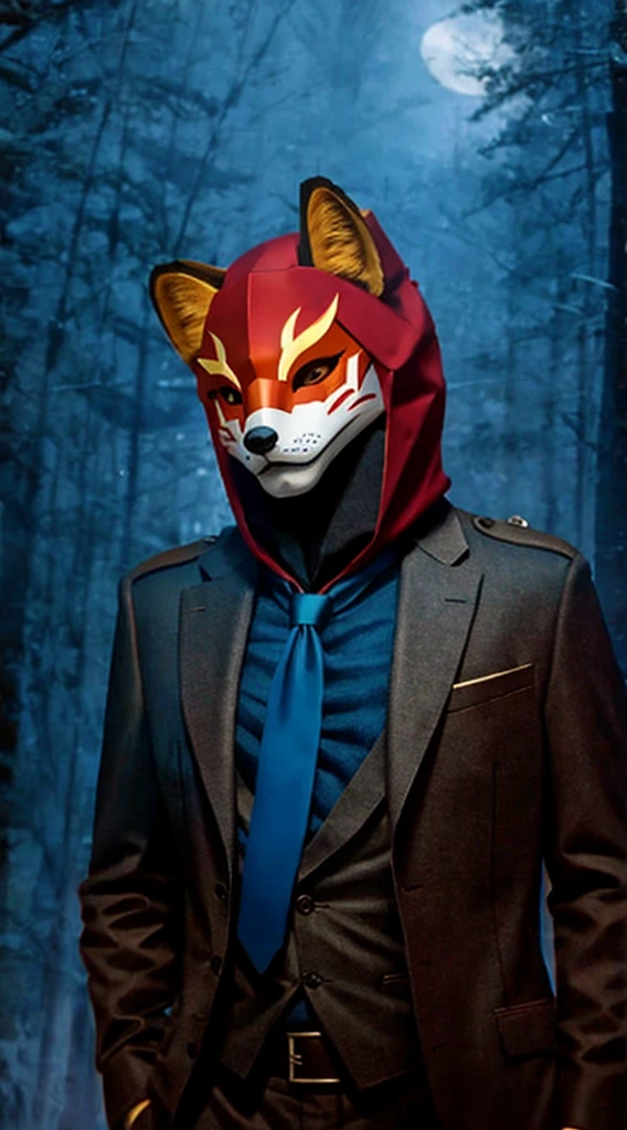 There is a man wearing a shirt, tie and mask standing in the forest, Villain wearing red ghost mask, Fox mask on head, with Fox mask, wearing a Fox mask, Fox mask, Wojtechfors, profile picture 1024px, Portrait shooting, movie 4k wallpaper, movie 4k wallpaper, Red and movie lighting