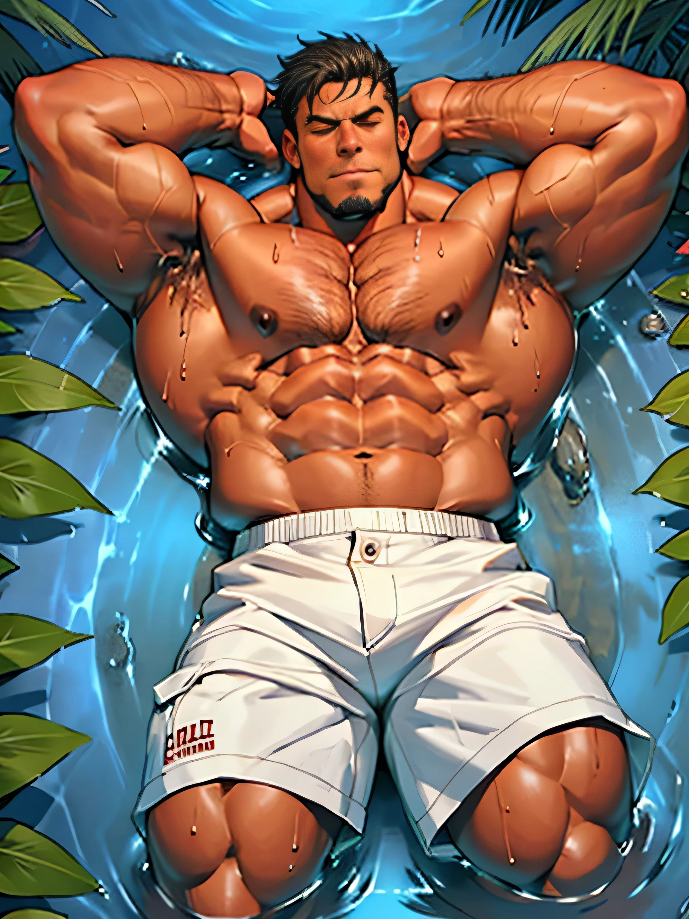 ( Huge and muscular thigh muscles) A lot of sweat drips, Topless, Sunny, sparkly skin, suntanned skin,bodybuilder, Huge body,Huge, Sexy muscular body,Super giant body, muscles explode and muscular,Huge, Muscular chest muscles, Huge, Muscular biceps,Cute baby face, lying down