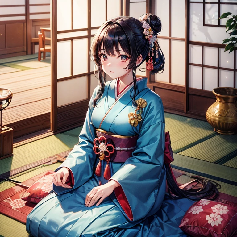 top-quality, hight resolution, 8K images,best qualtiy,hight resolution、A woman who is cute no matter who sees her、Tsundere、Heian period、,1girl in, 独奏, A dark-haired, Japanese hair、Hair UP、アニメ少女独奏、 Absolute area、Looking at the camera、(Illustration ratio:1.1)、is standing、light blue furisode、Japanese dress、Glittering palaces、Beautiful tatami mats、hight resolution、foco nítido、