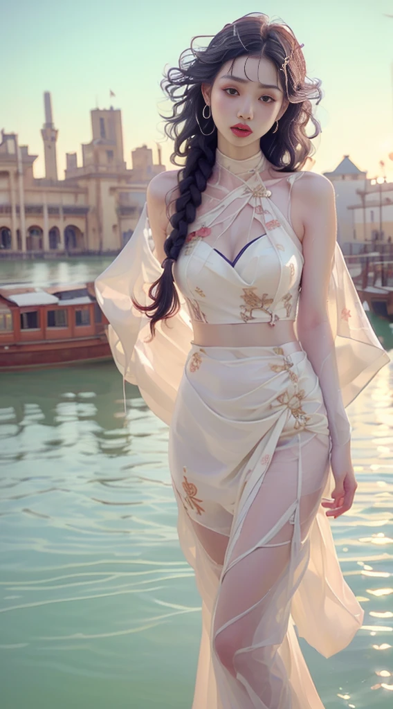 girl from ancient Egypt,1girl,
(large breasts:1.4),((((long twin braids,tight braids,long braid,braided hair,long hime cut,dark hair,black hair,colored inner hair)))),(((purple_eyes:1.3))),intricate eyes,beautiful detailed eyes,symmetrical eyes,((((lustrous skin:1.5,tanned skin,bright skin: 1.5,skin tanned,shiny skin,very shiny skin,shiny body,Reflective skin)))),(spider lower abdomen,narrow waist,wide hip,athletic body,inflated legs,delicate detailed fingers,(detailed face)),beautiful detailed lips,
cute,slutty,,seductive look,seductive,((erotic)),opulent,sumptuous,((nsfw)),
zettai ryouiki,revealing clothing,show skin,cleavage,((underboob)),(((barefoot))),((harem bikini, harem beauty, beautiful alluring, beautiful genie girl)),((intricate harem outfit)),harem accessories,(harem jewelry in her arms),earrings,(((eyeshadow,egyptian makeup,eyelid makeup))),(((blue clothes,Transparent cloth:1.1,wet clothes,intricate outfit,embroidered outfit,ornate outfit,intricate cloth,embroidered cloth,ornate cloth))),
(flirtatious pose:1.3), looking at viewer,embarrassed,centered,scale to fit dimensions,Rule of thirds,
outdoors,(egyptian palace,egyptian palace background,pyramids in the background),scenery,(oasis,oasis background),extremely scenery,(puddles everywhere,moss,moss on the background),clouds,Egypt style,Egypt castle,lily pads,palms,reeds,(sunset, golden hour),
(Glossy Egyptian ornaments),(top-quality,8K,32K,masterpiece),high resolution,(Photorealistic:1.4),Ray tracing,Sun glare,depth of fields,By backlight effect,Add depth to your screen,(((vibrant colors,vibrant theme))),(intricate),(high contrast,photorealistic artwork:1.37),(best quality,4k,highres,masterpiece:1.2),ultra-detailed,(realistic,photorealistic,photo-realistic:1.37),professional,