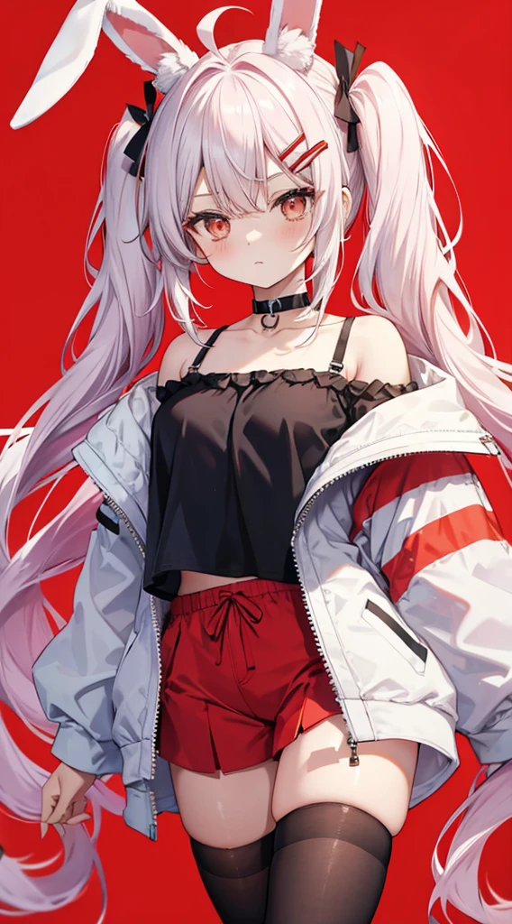 bbtomari, long hair, low twintails, ahoge, rabbit ears, animal ear fluff, hairclip, choker, camisole, off shoulder, white jacket, red shorts, striped thighhighs