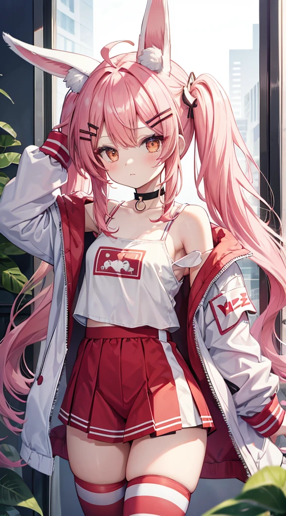 bbtomari, long hair, low twintails, ahoge, rabbit ears, animal ear fluff, hairclip, choker, camisole, off shoulder, white jacket, red shorts, striped thighhighs