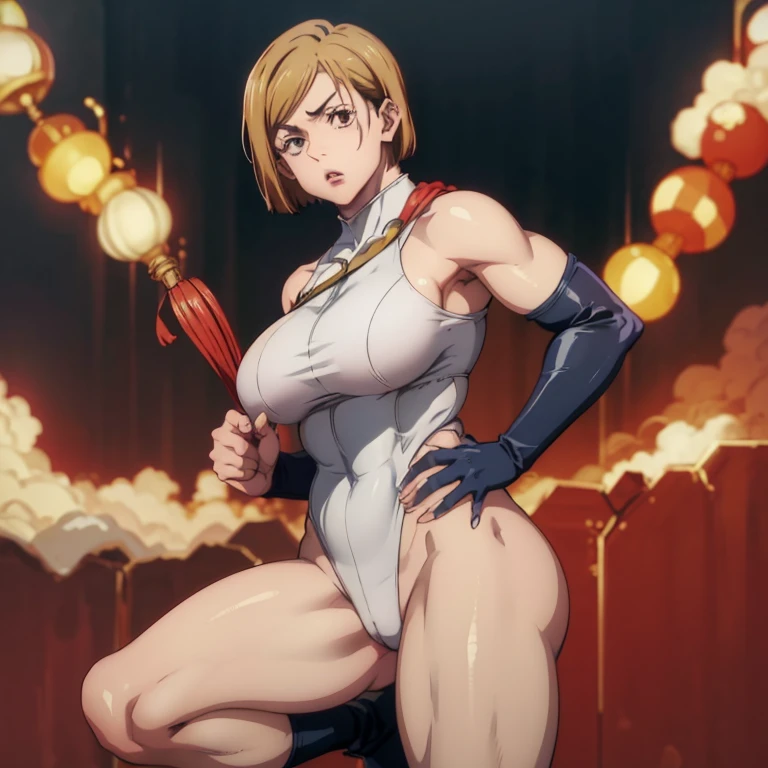 Nobara Kugisaki from Jujutsu Kaisen wearing a Power Girl costume、25-years old、large full breasts、Beautiful raw legs、Standing、Brown hair、short-hair、hight resolution、8k、soio