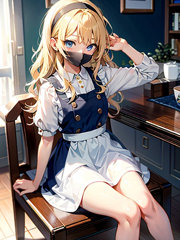 ((Best Quality)), ((masutepiece)), (Detailed), Perfect face,A girl around 12 years old with cute blonde wavy hair and blue eyes.、sitting on a chair and taking off clothes、I'm not wearing bunty、My pussy is visible、Spread your legs wide、Laughing、wearing an apron dress、Wearing a hairband、sex,nfsw,teens girl、