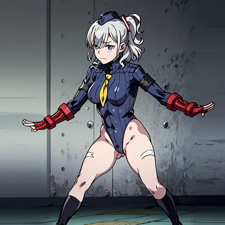 ultra-detailed, Explicit, Beautiful body, Beautiful Nose, Beautiful character design, perfect eyes, perfect face, ultra highres, 4K, beautiful legs, perfect legs, Nice hands, Perfect hand, Masterpiece, Best Quality, Highly detailed, illustration, absurdres, street fighter, doll suit, shadaloo doll, dollsuit, expressionless, blank eyes, looking at viewer, red gloves, emotionless, black latex, corrution, mind control, female combatant, full body, hypnotized, unhappy trance, full body suit, ribbed bodysuit, both arms at side, obey, perfect female body, extremely glossy latex, hypnosis, hypnoLora, empty eyes, Mind control device, poses, submissive_pose, Slave, hat, necktie, stand up straight, standing, standing at attention, hat, necktie, belt, latex, ribbed bodysuit, thighhighs, garter belt, Fighting Stance, extending the right arm from the shoulder into the air with a straightened hand, nazi saluting, military, military saluting, salute, thigh boots, 1girl, Azuzu Komagome, Senyoku no Sigrdrifa, red hair, grey hair, side pony tails, medium hair