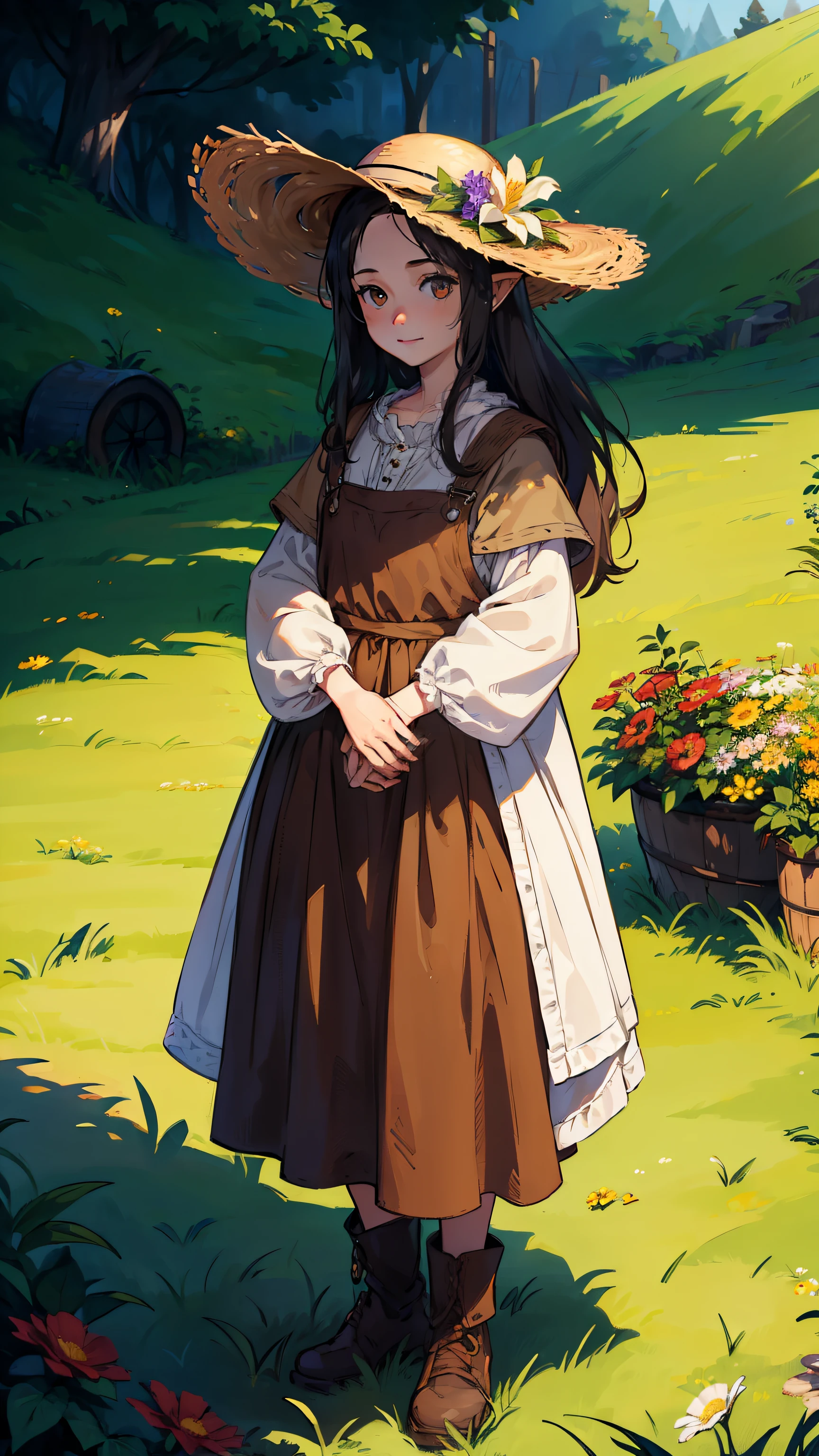 (((((girl))))), masutepiece, ultra-detailliert, 8K Portrait, Raw photo, portrait photo of a female, Full body, Highly detailed face, ((Fantasy)), (((The Hobbitt))), ((年轻)), Smile, 25-years old, 110 cm, (((farmer))), ((White skin)), brown long wavy hair, (((Overall))), Overalls, (((a straw fedora hat))), (((holding a flower))), arms folded, Midday Sun, Hyper realistic, Slender body, By the foggy farm, Ambient lighting, Shadow details, Camera focus on face, strong breeze, Light fog