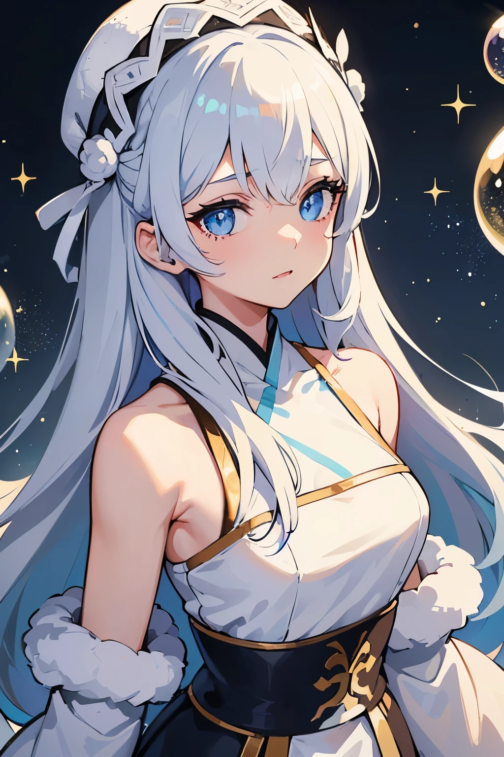 (Masterpiece), (Best Quality), (Super Detailed), (Dirty Hair), (Illustration), (1 Girl) (Long white Hair 1.5) (Blue Eyes), ((((No Shoulders))),Hanfu, (Looking at the Audience, (Interview), ( Background), Beautiful and Delicate Eyes, Delicate Beautiful Face, Soaring (High Saturation), (Colorful Glitter), Multi-colored Bubbles, (Glitter), Accent on Face, PerfectNwsjMajic, conservative clothes, Shoulderless, winter clothes, facing the masses, perfect figure,