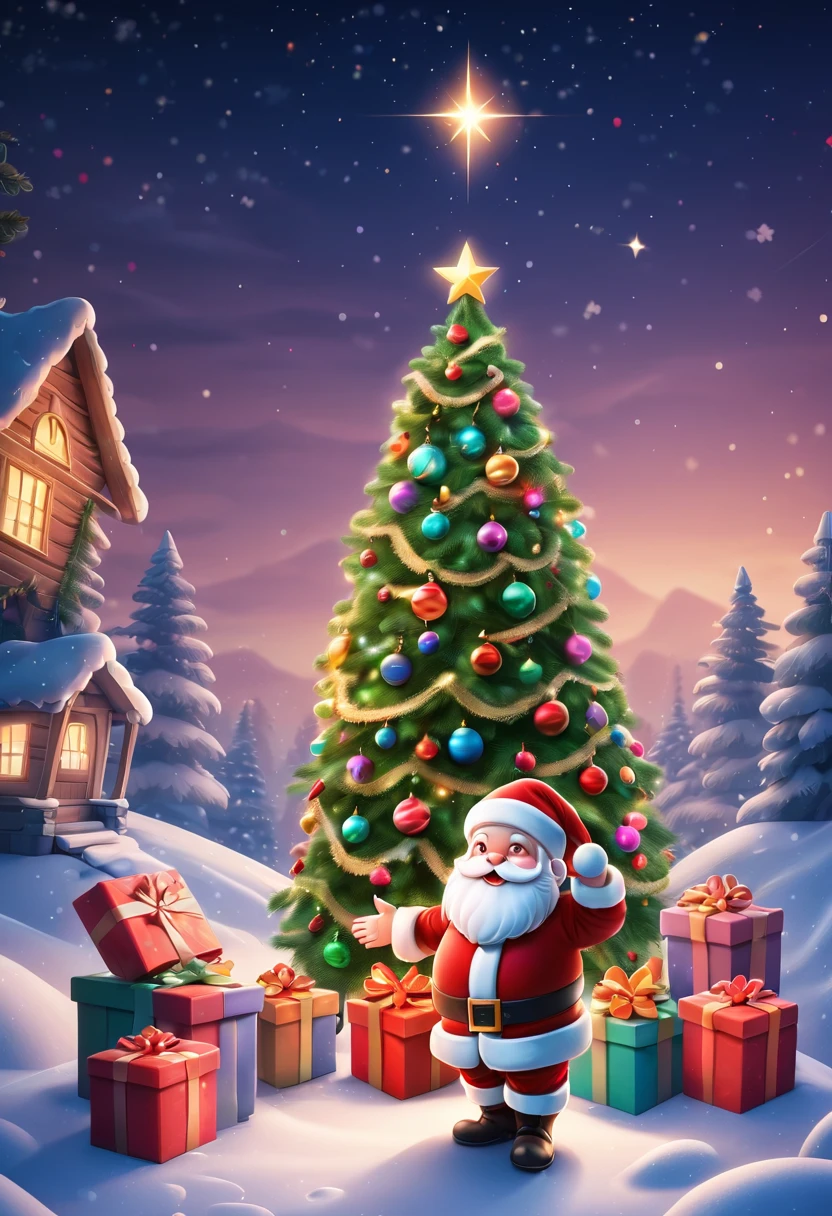 3 Rendering, christmas eve scene, There is a big Christmas tree in the middle of the poster, Decorate with colorful lights, star curtain in sky, and gift box on the snow. Cute and kind Santa Claus holding gifts, warm background and bright night