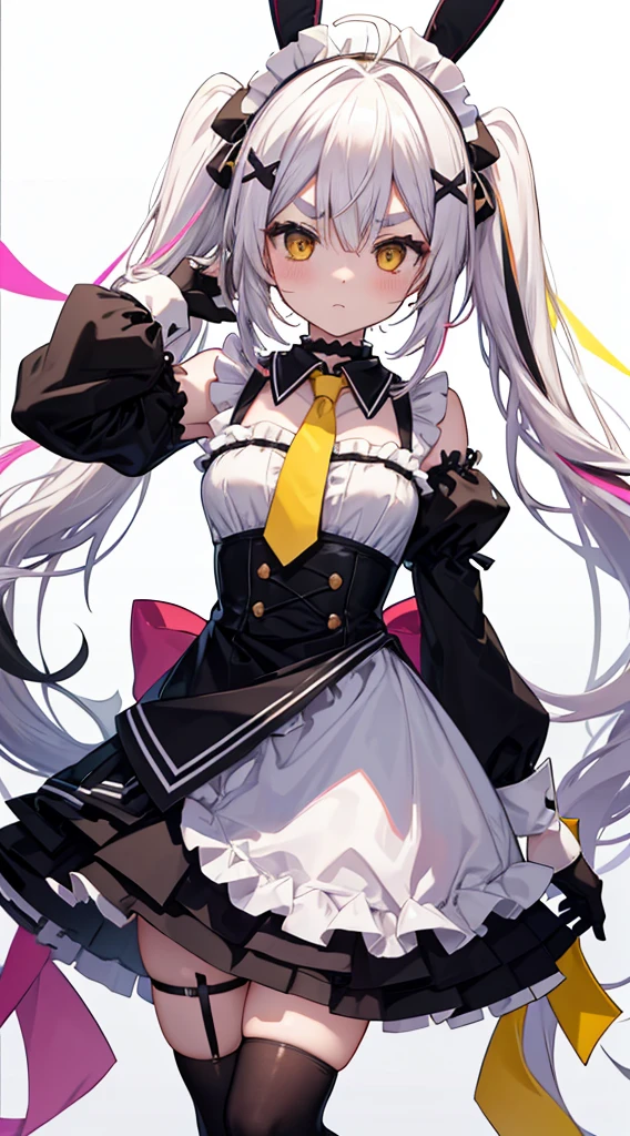 aatomari, long hair, ahoge, twintails, hair bow, multicolored hair, rabbit ears, maid headdress, x hair ornament, thick eyebrows, choker, criss-cross halter, yellow necktie, bare shoulders, black gloves, frills, layered skirt, black skirt, single thighhigh