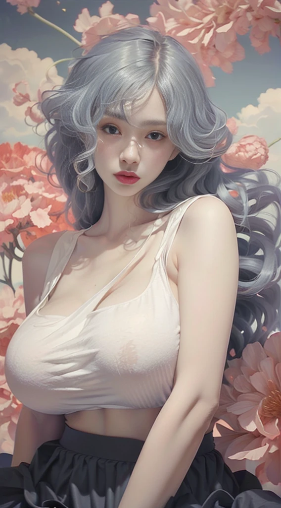 Stunning girl, best quality, ultra high res, (photorealistic:1.4), revealing small school t shirt and skirt, black chokeded ash white hair:1), (gigantic breasts, large breasts, huge breasts:1.4), droopy breasts, thick thighs, thick wide hips, looking at viewer, school, close up, full body, super detailed, 8k