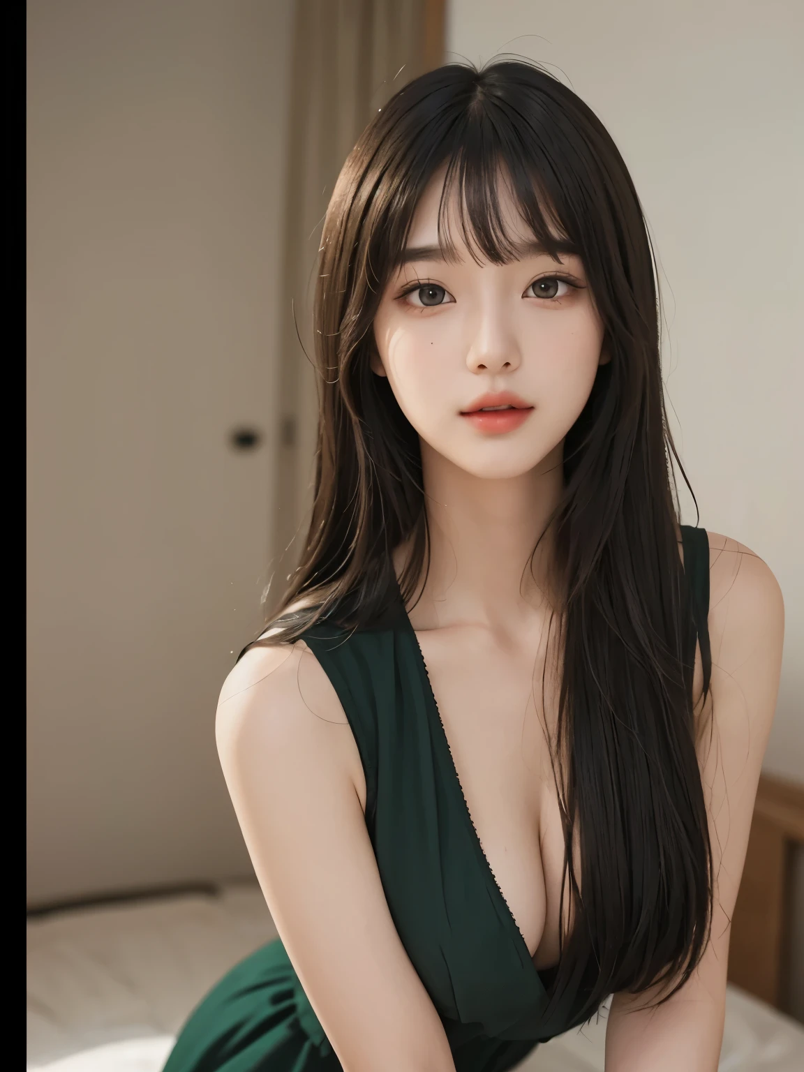 Masterpiece, highest quality, beauty, Japanese, popular Korean makeup, fine, detailed eyes, fine skin, beautiful skin, super high resolution, (reality 1.4), very beautiful, slightly young face, beautiful skin, slender, (super realistic) , (Illustration), (High resolution), (8K), (Very detailed) (Best illustration), (Beautiful and detailed eyes), (Super detailed), (Wallpaper), (Detailed face), Viewer's perspective, Fine detail, detailed face, pureerosfaceace_v1, smile, direct view, direct view, angle from the waist up, realistic photo, bright lighting, professional lighting, black hair (some green), long hair, dark ruins, big red moon, gorgeous red and black dress, woman, stylish long bangs,