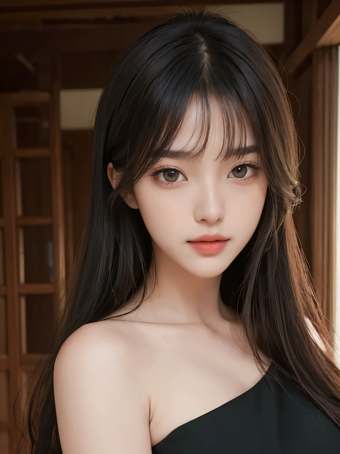 Masterpiece, highest quality, beauty, Japanese, popular Korean makeup, fine, detailed eyes, fine skin, beautiful skin, super high resolution, (reality 1.4), very beautiful, slightly young face, beautiful skin, slender, (super realistic) , (Illustration), (High resolution), (8K), (Very detailed) (Best illustration), (Beautiful and detailed eyes), (Super detailed), (Wallpaper), (Detailed face), Viewer's perspective, Fine detail, detailed face, pureerosfaceace_v1, smile, direct view, direct view, angle from the waist up, realistic photo, bright lighting, professional lighting, black hair (some green), long hair, dark ruins, big red moon, gorgeous red and black dress,  woman, stylish long bangs,