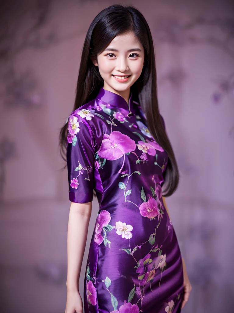 dark purple silk colorful floral design aodai, Vietnamese girl, smile , long silky hair, Realistic lighting, delicate face, Body perfect anatomy,Top Quality, 8K Resolution , full body , realistic , real human , High quality, realistic , Cinematic, Aesthetic, beautiful girl,