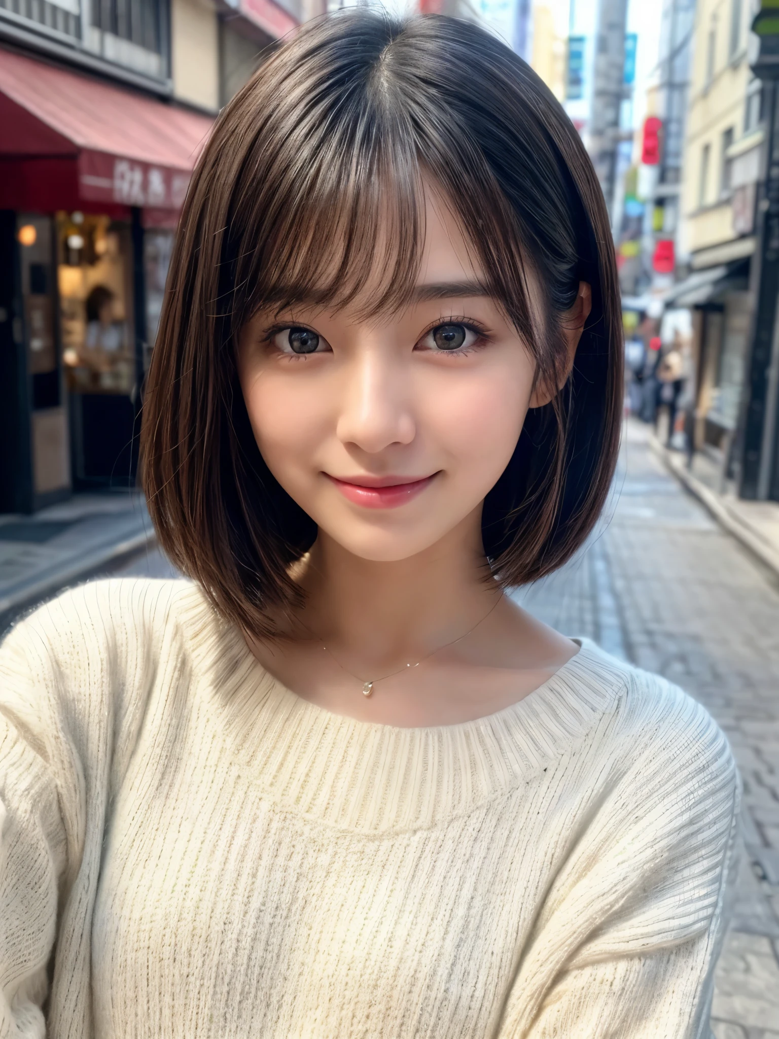 (8k, RAW photo, best quality, masterpiece, ultra detailed, insanely detailed, beautiful:1.2),(realistic, photo-realistic:1.5), sharp focus, SIGMA 85mm f/1.4., depth of field, blur background, bokeh, cinematic, soft light,
((selfie)), (extremely cute Japanese actress:1.2), 22 years old, (detailed pale skin, detailed face: 1.2), brown eyes, naughty smile, looking at viewer, short straight black hair, solid white sweater, random pose, ((cafe)), winter