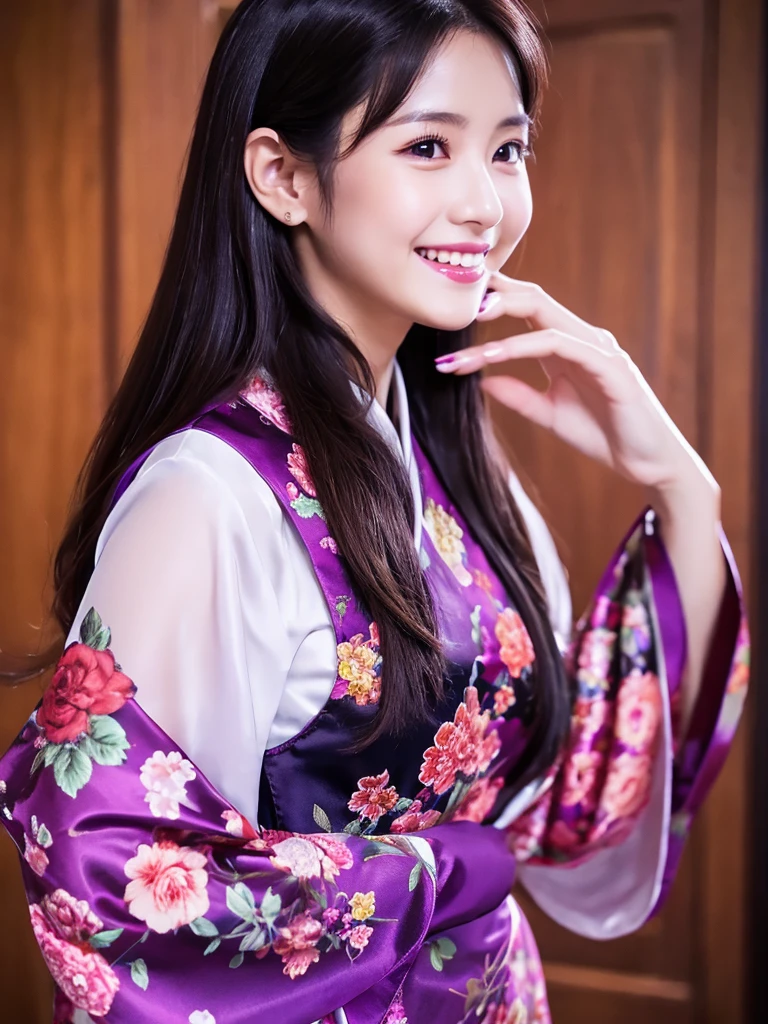 dark purple silk colorful floral design aodai, Vietnamese girl, smile , long silky hair, Realistic lighting, delicate face, Body perfect anatomy,Top Quality, 8K Resolution , full body , realistic , real human , High quality, realistic , Cinematic, Aesthetic, beautiful girl,