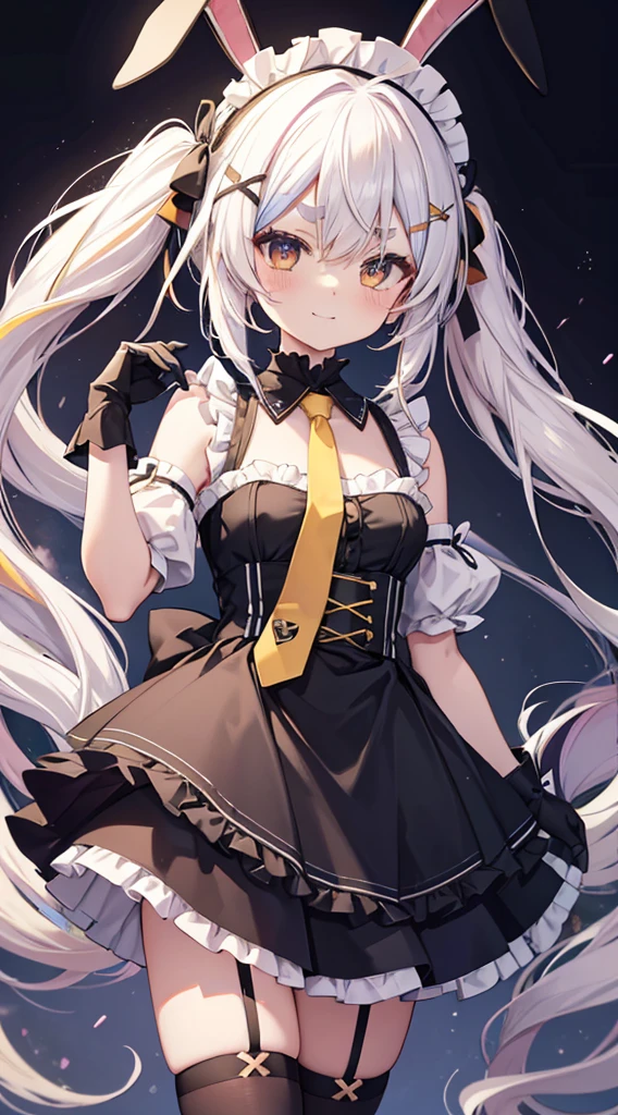 Smile,aatomari, long hair, ahoge, twintails, hair bow, multicolored hair, rabbit ears, maid headdress, x hair ornament, thick eyebrows, choker, criss-cross halter, yellow necktie, bare shoulders, black gloves, frills, layered skirt, black skirt, single thighhigh