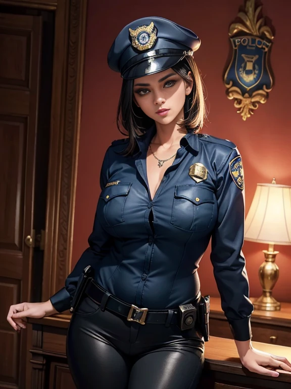 Background Story (with sexy female police uniform and police cap: 1.4), good hand, 4k, high resolution, master part, best quality, Head: 1.3, ((Fotografia Hasselblad)), japonesa, pele finamente detalhada, Clear focus, (cinememic lighting), soft lighting, Dynamic angle, [:(Rosto detalhado: 1.2):0.2], olhar de barriga, huge seios, seios grandes, (((inside mansion))),(seios nus:1.4), 1girl, jewelries, Brincos, laranja_heaven, sozinho, toupeira, Longas_Hair,   toupeira_debaixo_olho, superior_corpo, cinza_olhos, Olhando_em_visualizador, black Hair, moda (Head tilt: 1.4), plain Background Story, red Background Story,